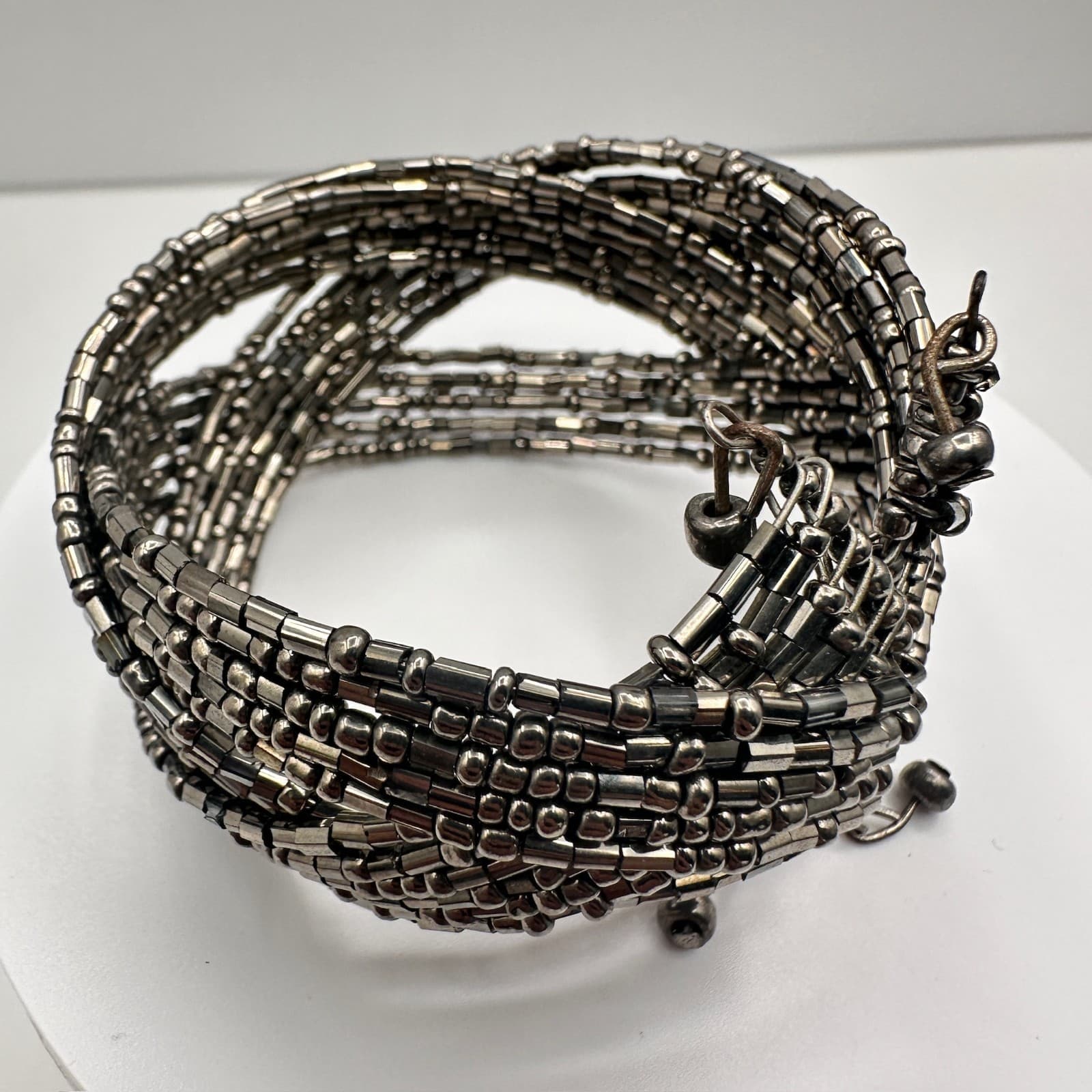 Vintage 90s Silver Tone Multi-Strand Beaded Wide Cuff Bracelet Women's Jewelry - Thumbnail 8