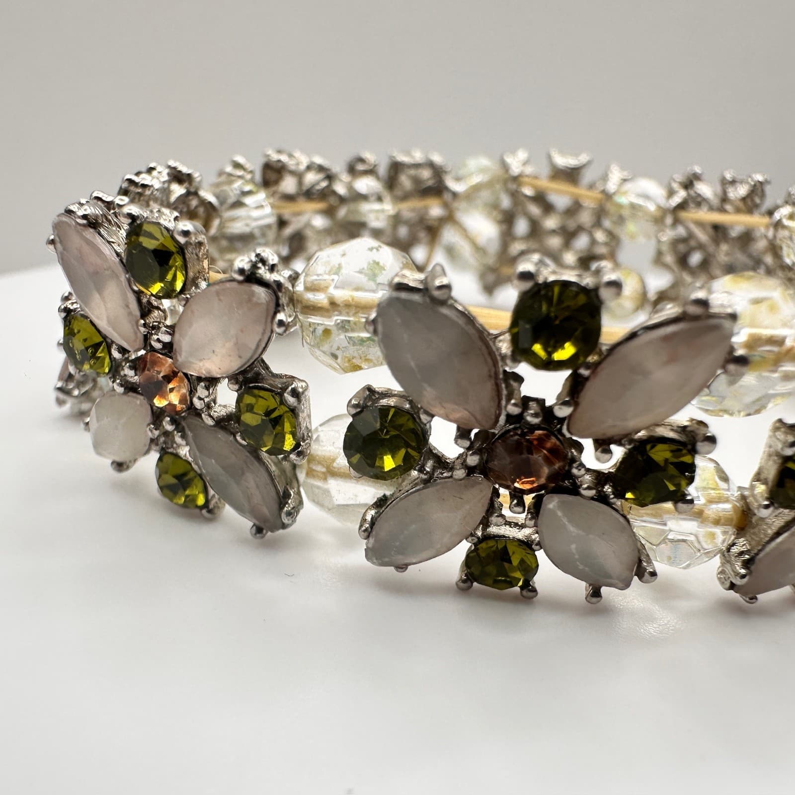 Vintage 90s Silver Tone Floral Stretch Bracelet Multi-Color Glass Jewelry - Thumbnail 2