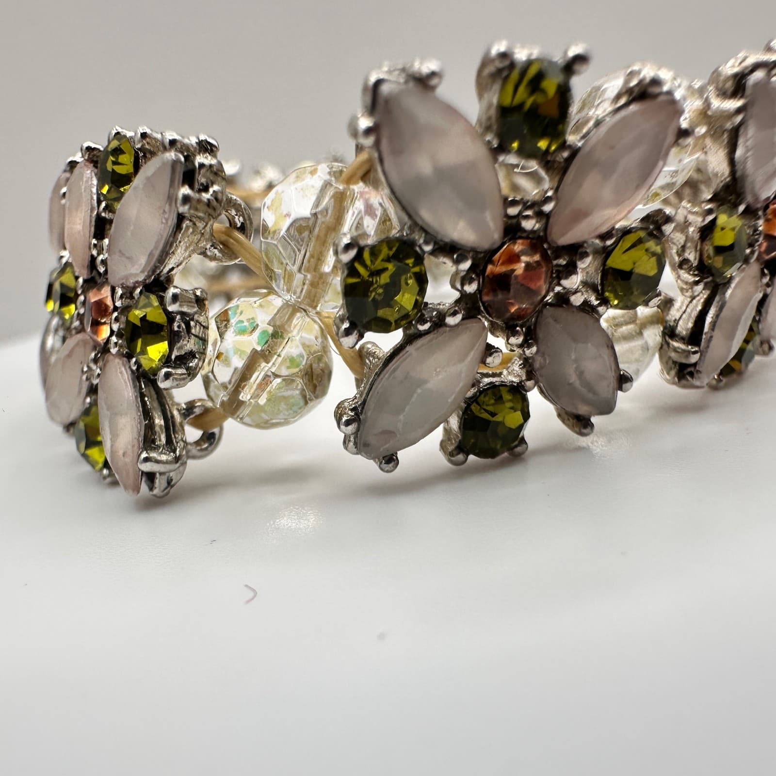 Vintage 90s Silver Tone Floral Stretch Bracelet Multi-Color Glass Jewelry - Thumbnail 7