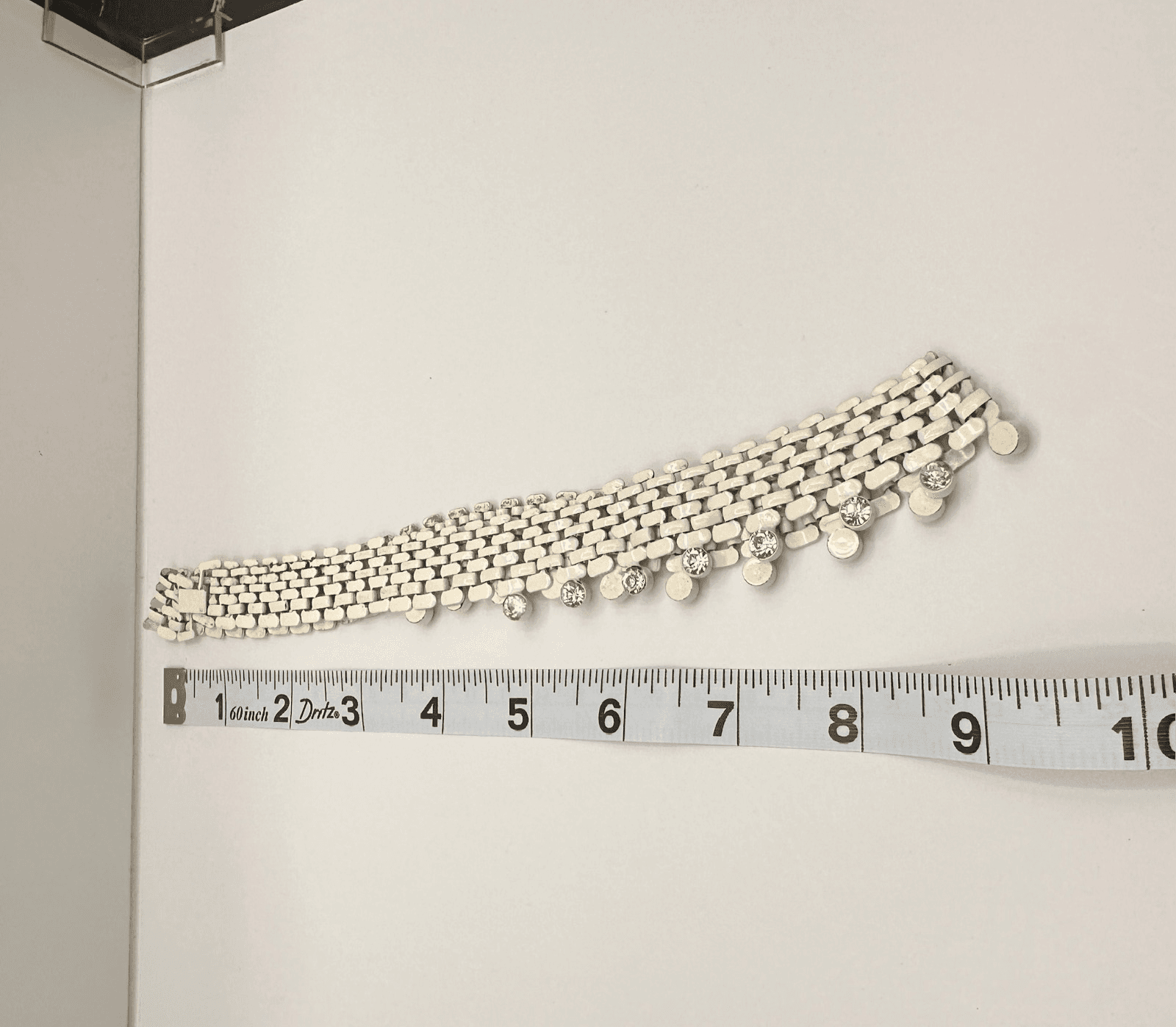 Vintage 80s White Enamel Mesh Chain Collar Necklace Clear Rhinestone Fringe - Thumbnail 19