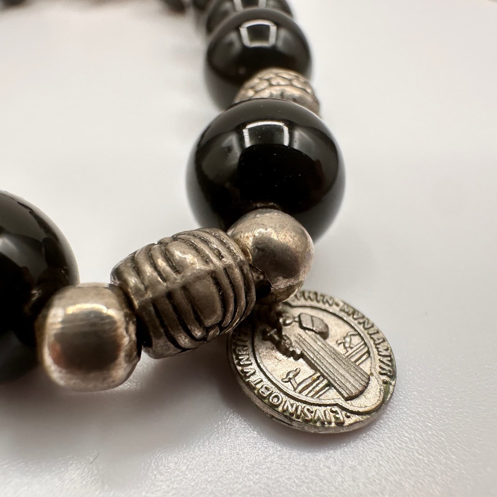 Vintage 90s St Benedict Black Onyx Bead Bracelet Catholic Religious Cross - Thumbnail 8