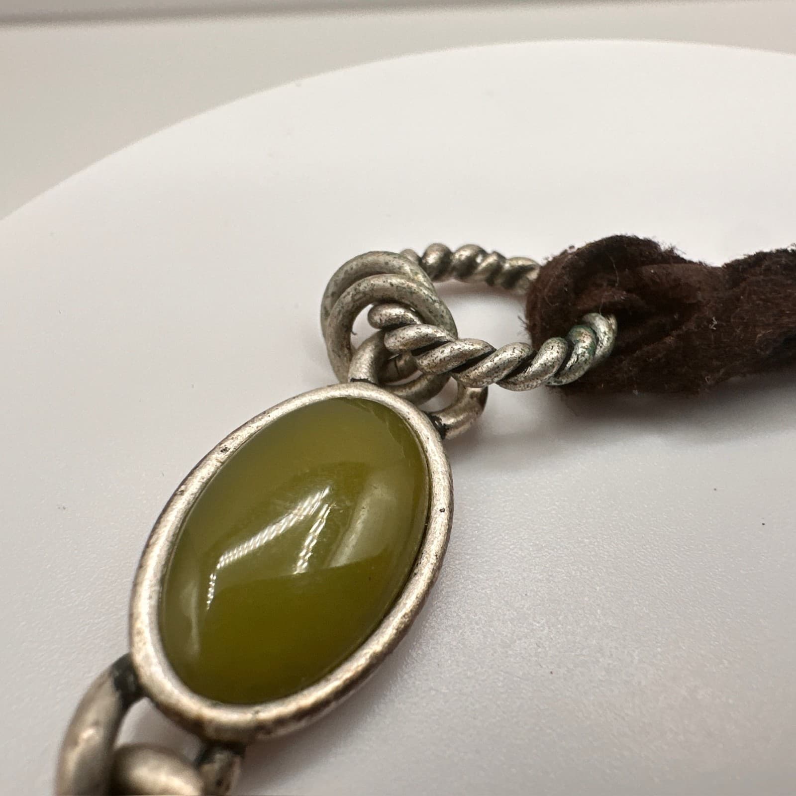 Vintage Y2K Abalone Shell Inlay Bracelet Green Cabochon Stone Silver Tone Toggle - Thumbnail 12