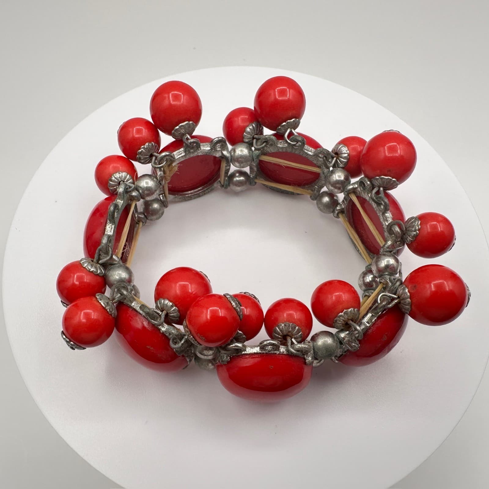 Vintage 80s Red Chunky Cabochon Bead Stretch Bracelet Silver Tone Fashion - Thumbnail 5