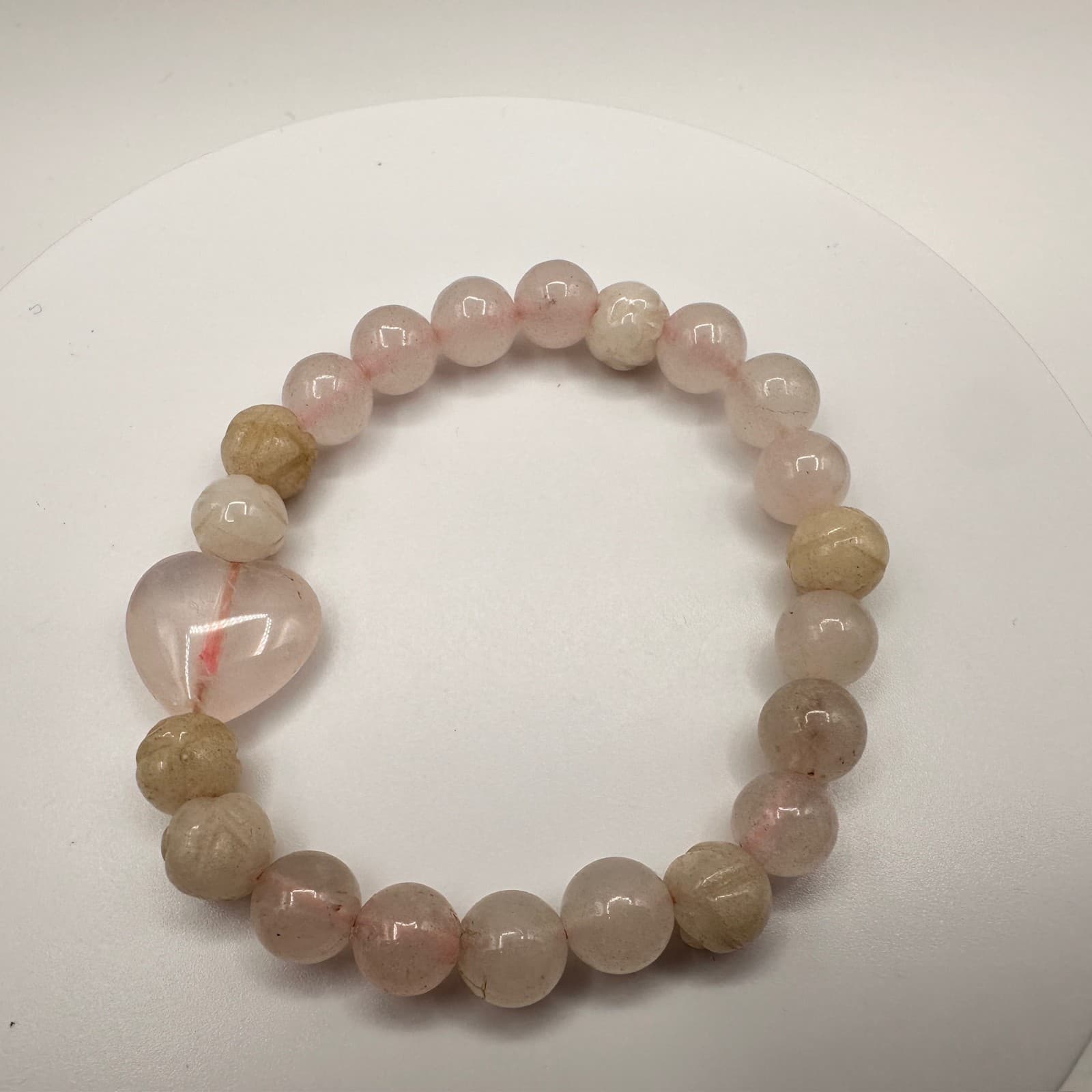 Vintage Y2K Pink Rose Quartz Beaded Stretch Bracelet Heart Charm Women's Jewelry - Thumbnail 8
