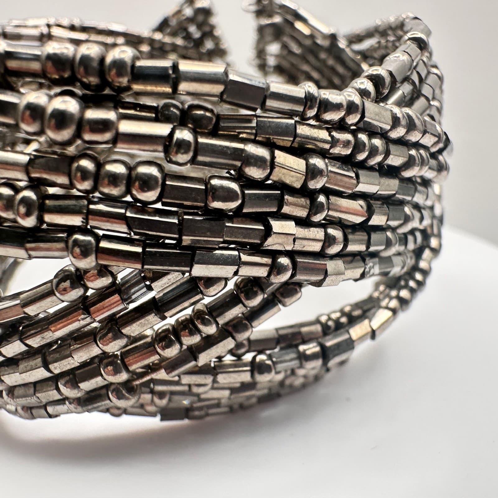 Vintage 90s Silver Tone Multi-Strand Beaded Wide Cuff Bracelet Women's Jewelry - Thumbnail 5