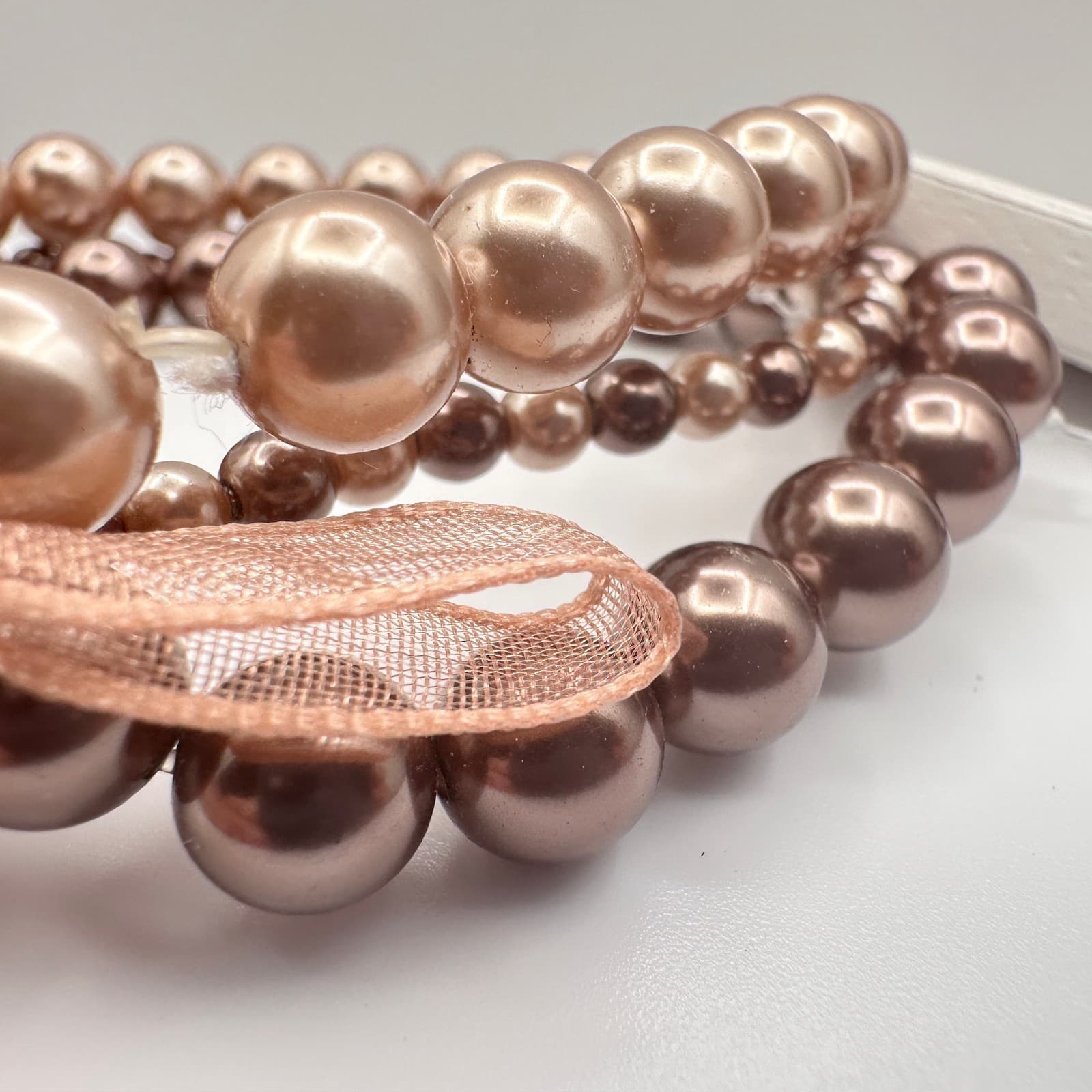 Vintage 90s Croft &Barrow Multi-Strand Bronze Tone Pearl Stretch Bracelet Ribbon - Thumbnail 9