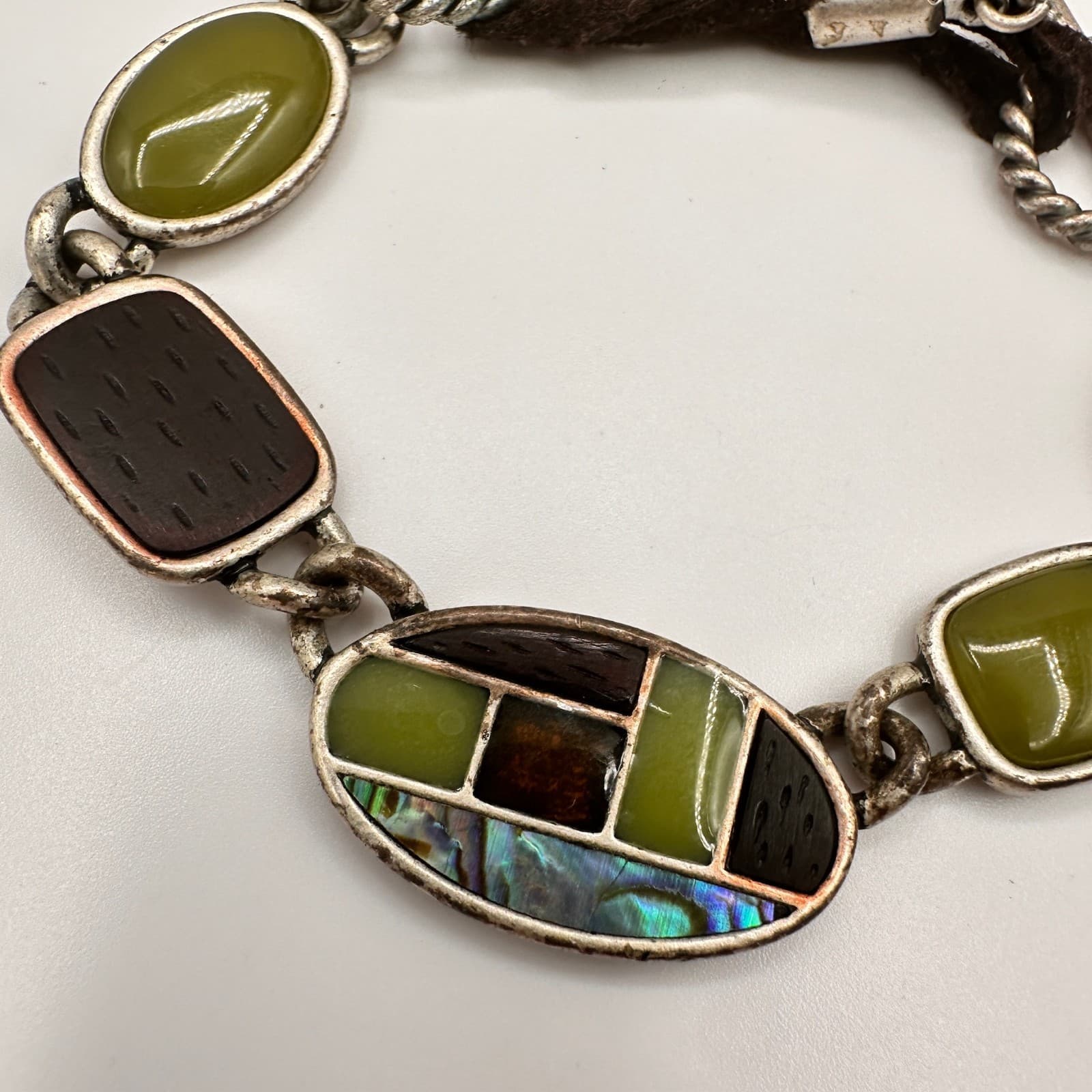 Vintage Y2K Abalone Shell Inlay Bracelet Green Cabochon Stone Silver Tone Toggle - Thumbnail 3
