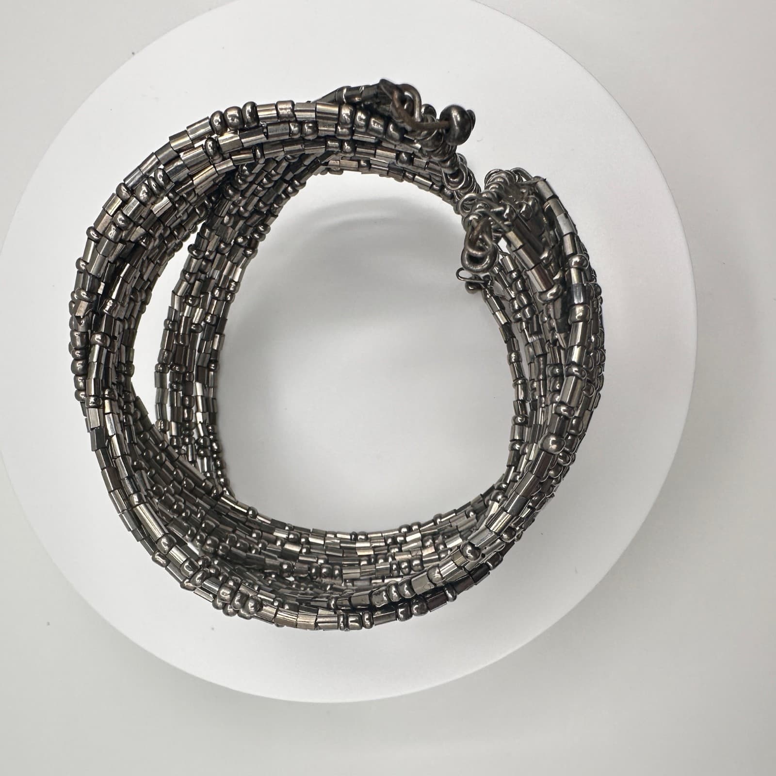 Vintage 90s Silver Tone Multi-Strand Beaded Wide Cuff Bracelet Women's Jewelry - Thumbnail 7