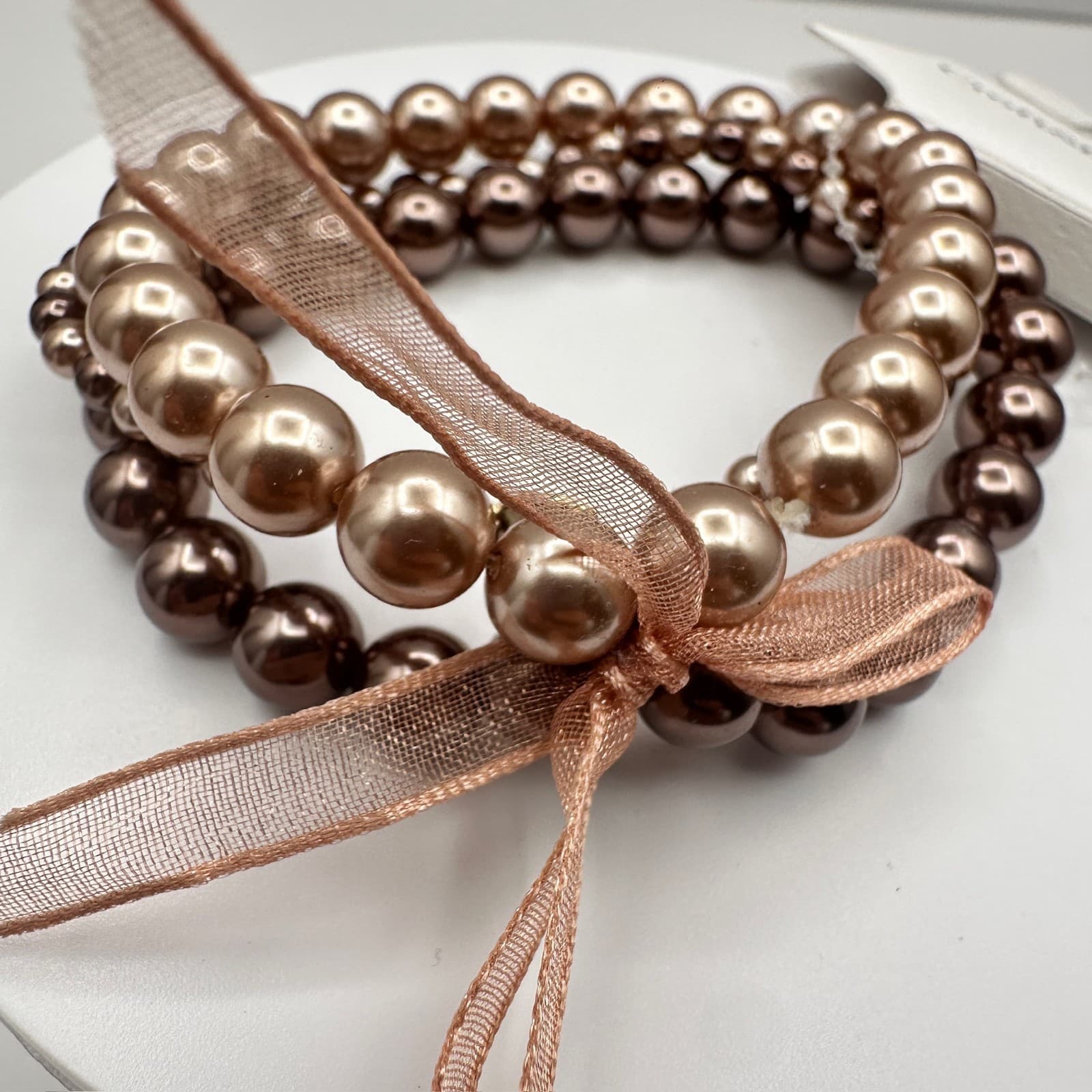 Vintage 90s Croft &Barrow Multi-Strand Bronze Tone Pearl Stretch Bracelet Ribbon - Thumbnail 3