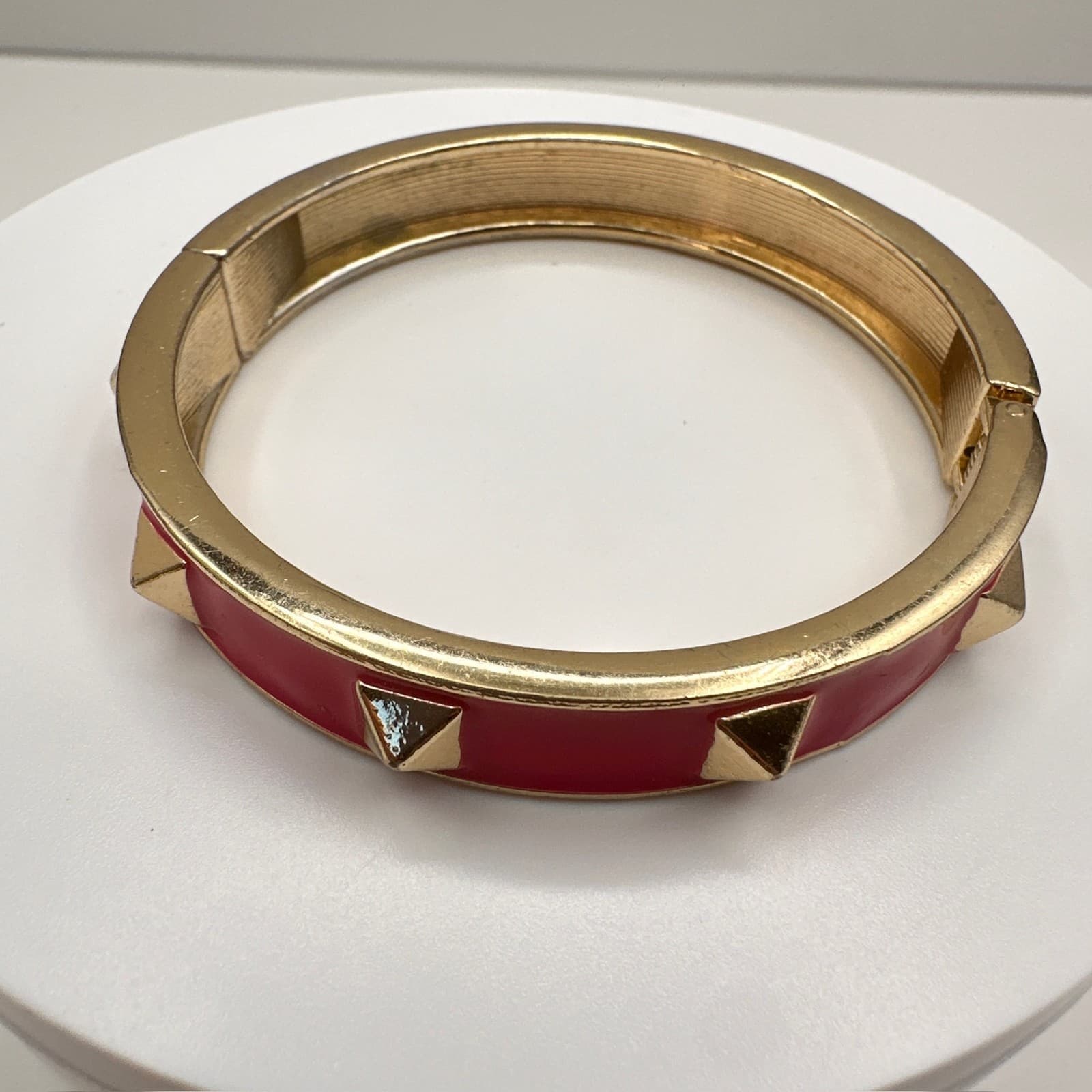 Vintage 90s Red Enamel Gold Tone Studded Hinged Bracelet Punk Rocker Jewelry - Image 1