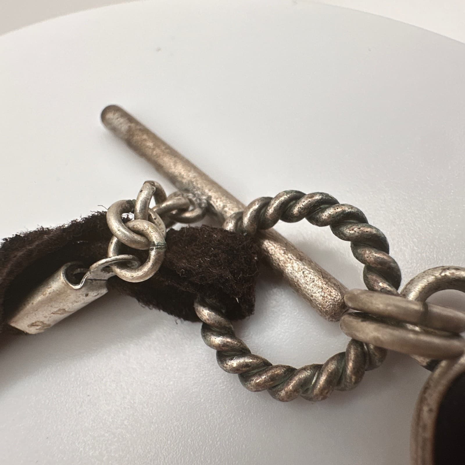 Vintage Y2K Abalone Shell Inlay Bracelet Green Cabochon Stone Silver Tone Toggle - Thumbnail 10