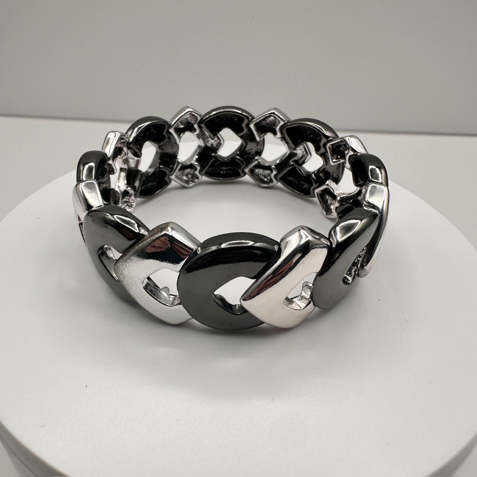 Vintage 90s Two Tone Silver Gunmetal Curb Link Stretch Bracelet Women's Jewelry - Image 1