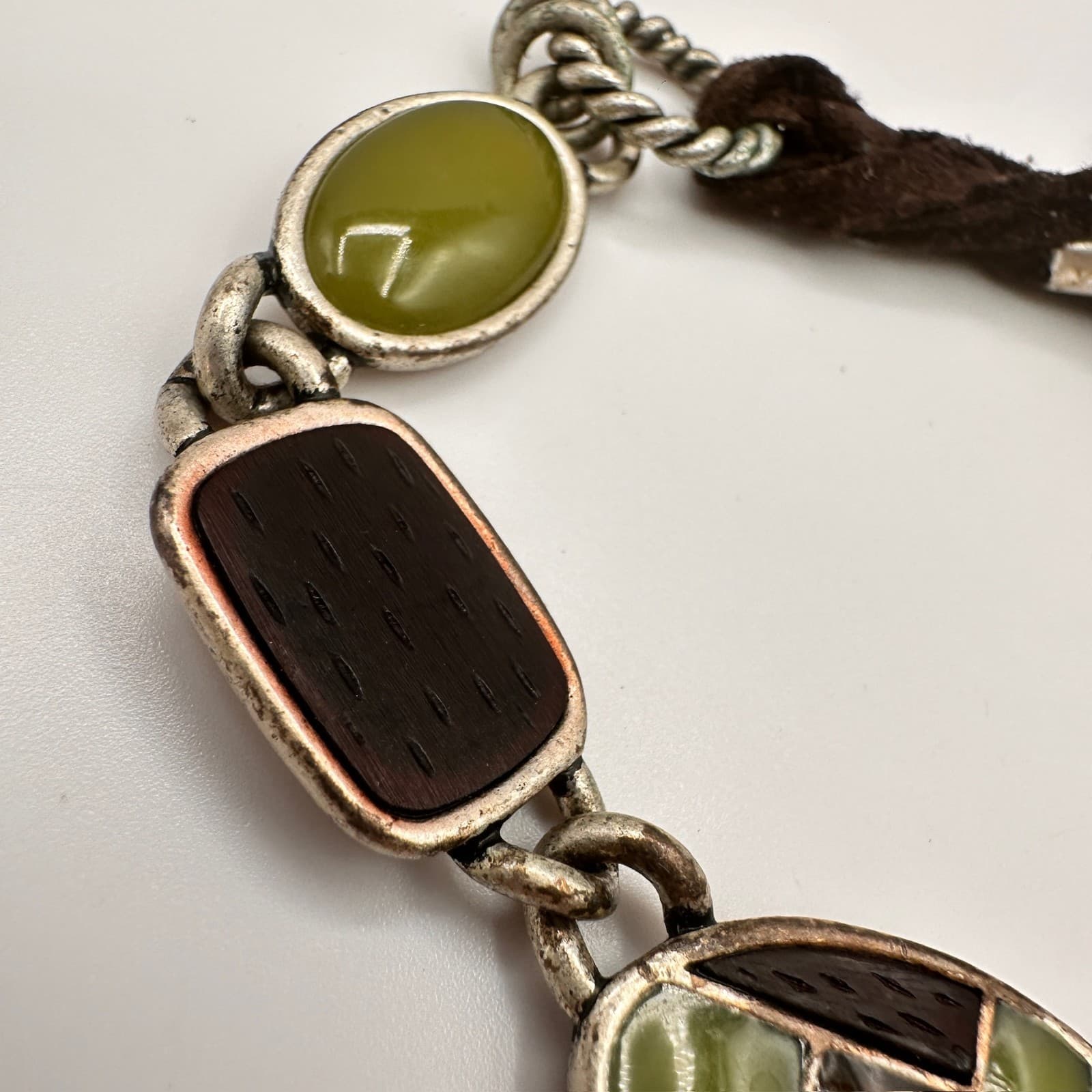 Vintage Y2K Abalone Shell Inlay Bracelet Green Cabochon Stone Silver Tone Toggle - Thumbnail 4