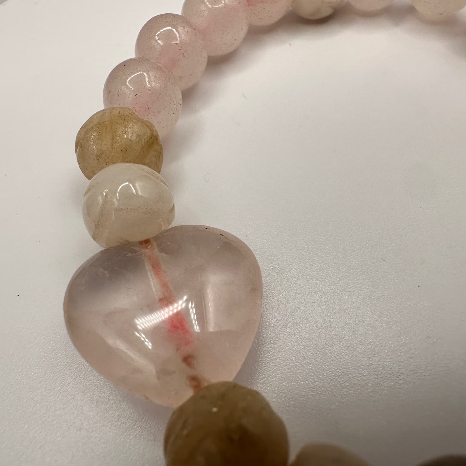 Vintage Y2K Pink Rose Quartz Beaded Stretch Bracelet Heart Charm Women's Jewelry - Thumbnail 3