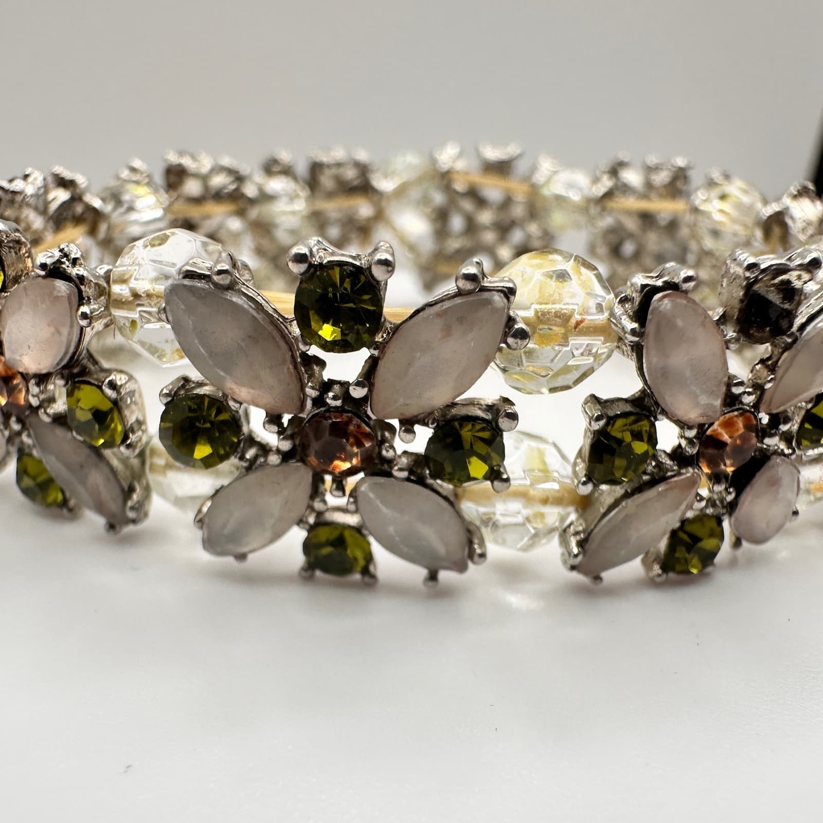 Vintage 90s Silver Tone Floral Stretch Bracelet Multi-Color Glass Jewelry - Thumbnail 3