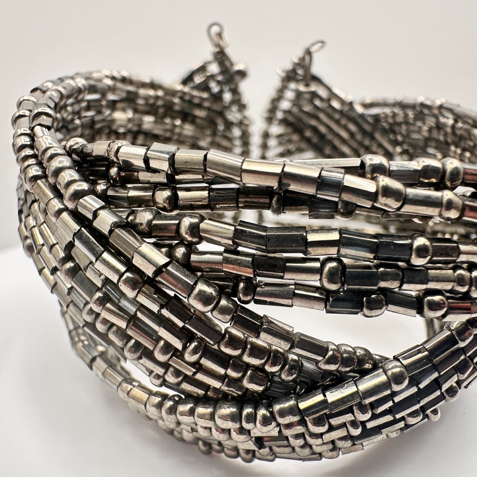 Vintage 90s Silver Tone Multi-Strand Beaded Wide Cuff Bracelet Women's Jewelry - Thumbnail 3