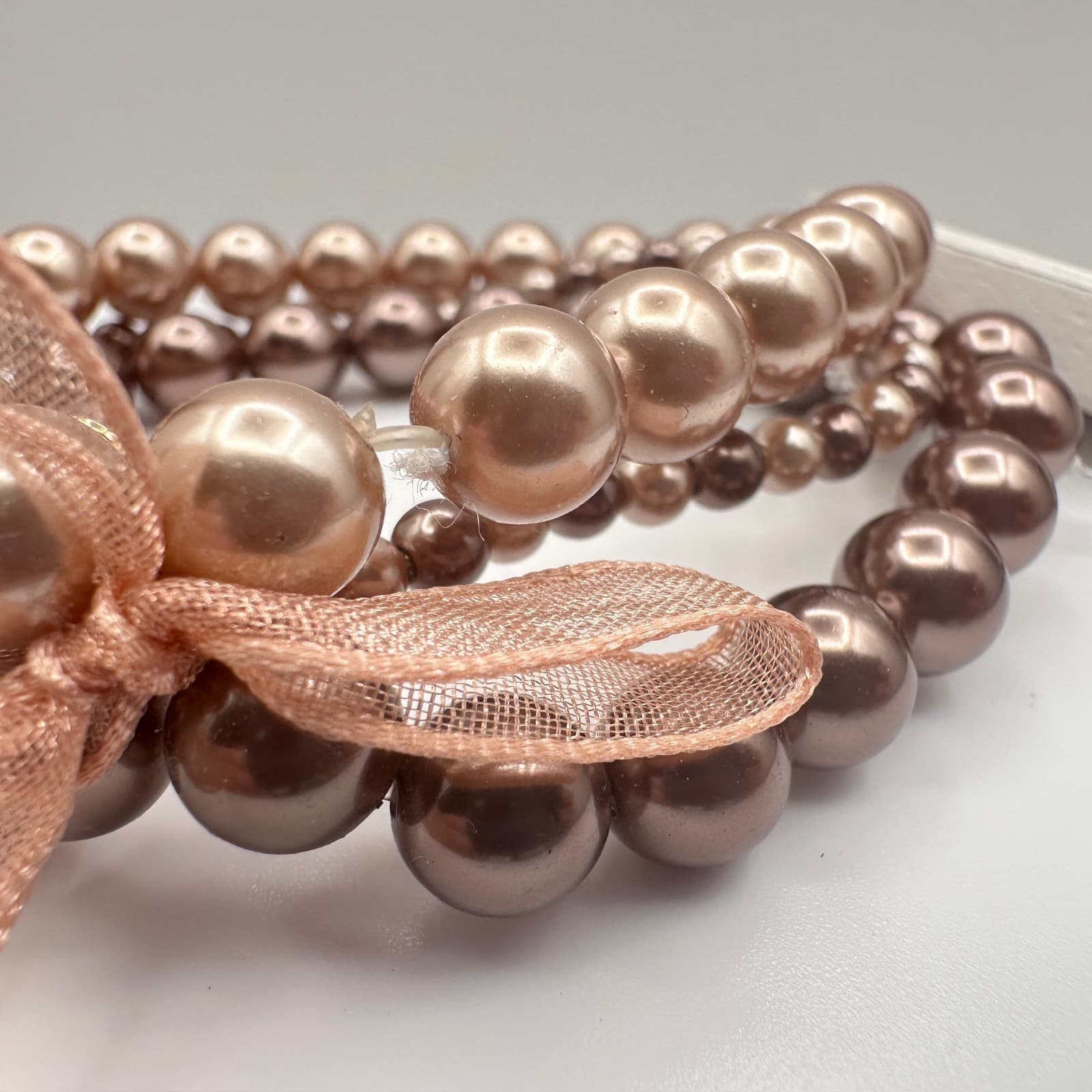 Vintage 90s Croft &Barrow Multi-Strand Bronze Tone Pearl Stretch Bracelet Ribbon - Thumbnail 8