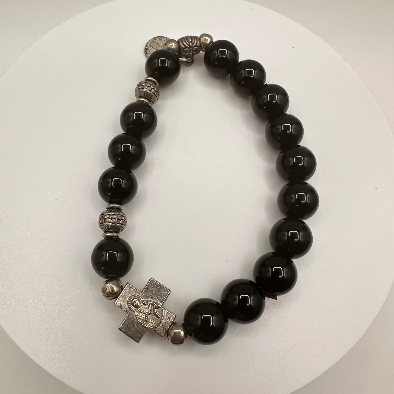 Vintage 90s St Benedict Black Onyx Bead Bracelet Catholic Religious Cross - Image 1