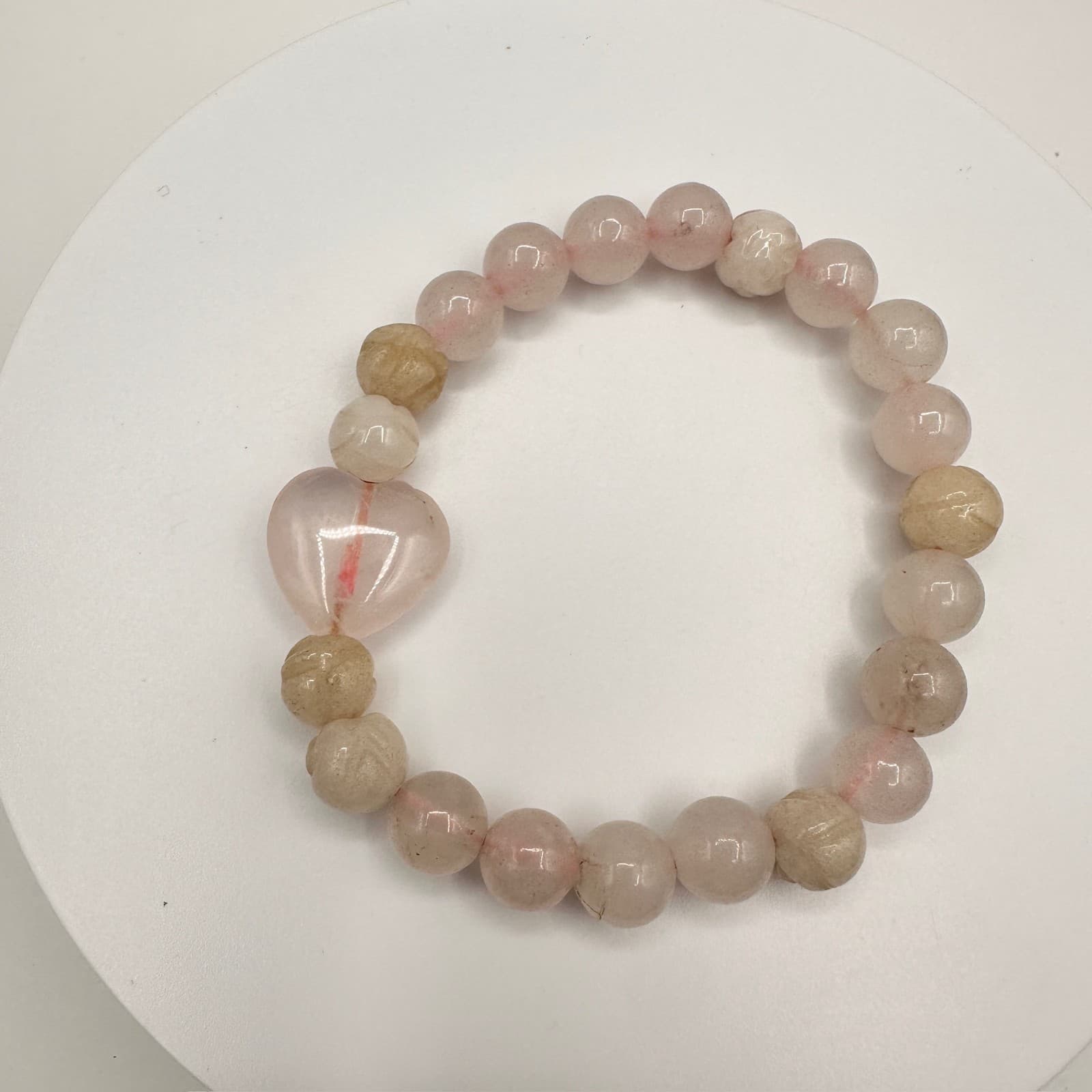 Vintage Y2K Pink Rose Quartz Beaded Stretch Bracelet Heart Charm Women's Jewelry - Image 1