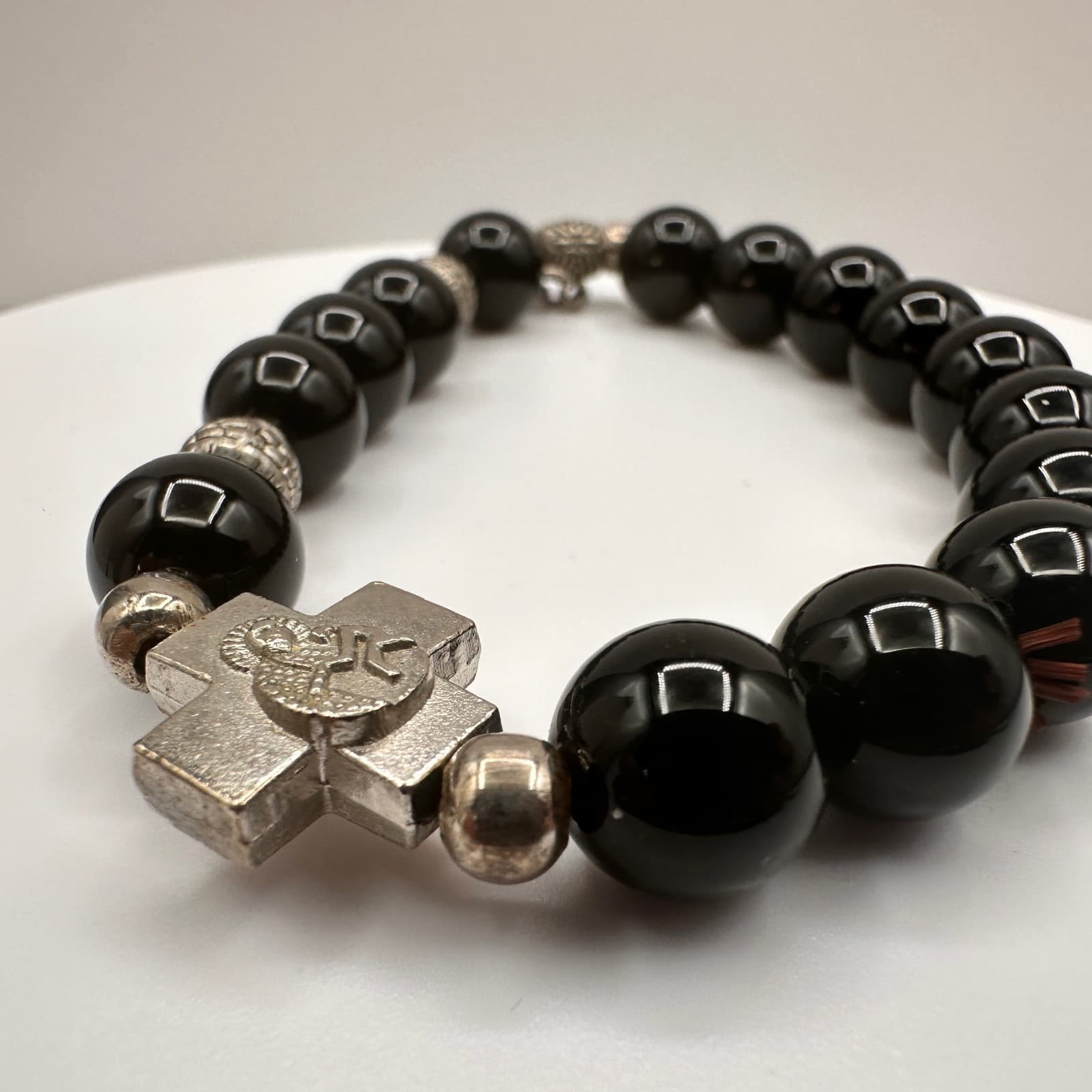 Vintage 90s St Benedict Black Onyx Bead Bracelet Catholic Religious Cross - Thumbnail 3