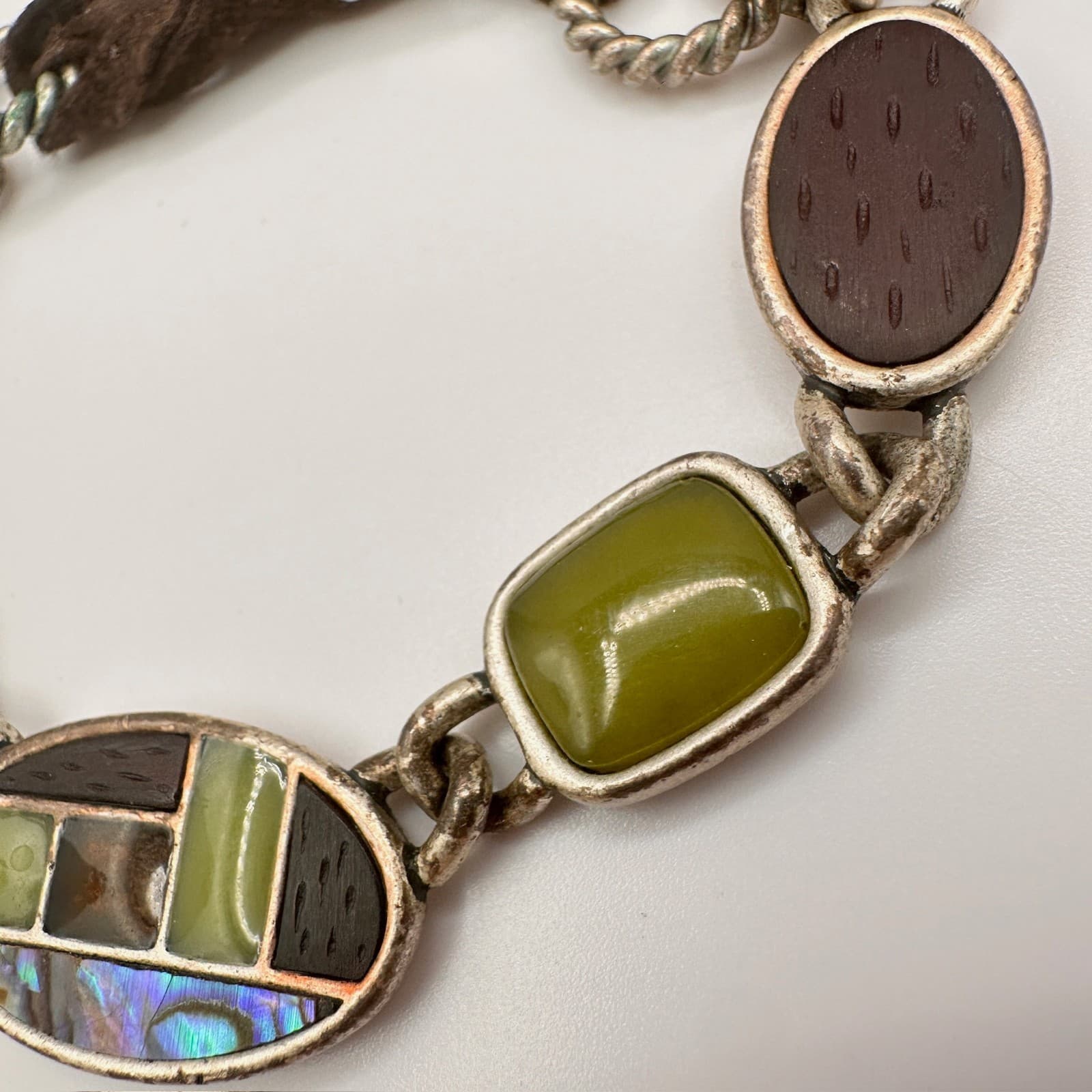 Vintage Y2K Abalone Shell Inlay Bracelet Green Cabochon Stone Silver Tone Toggle - Thumbnail 6