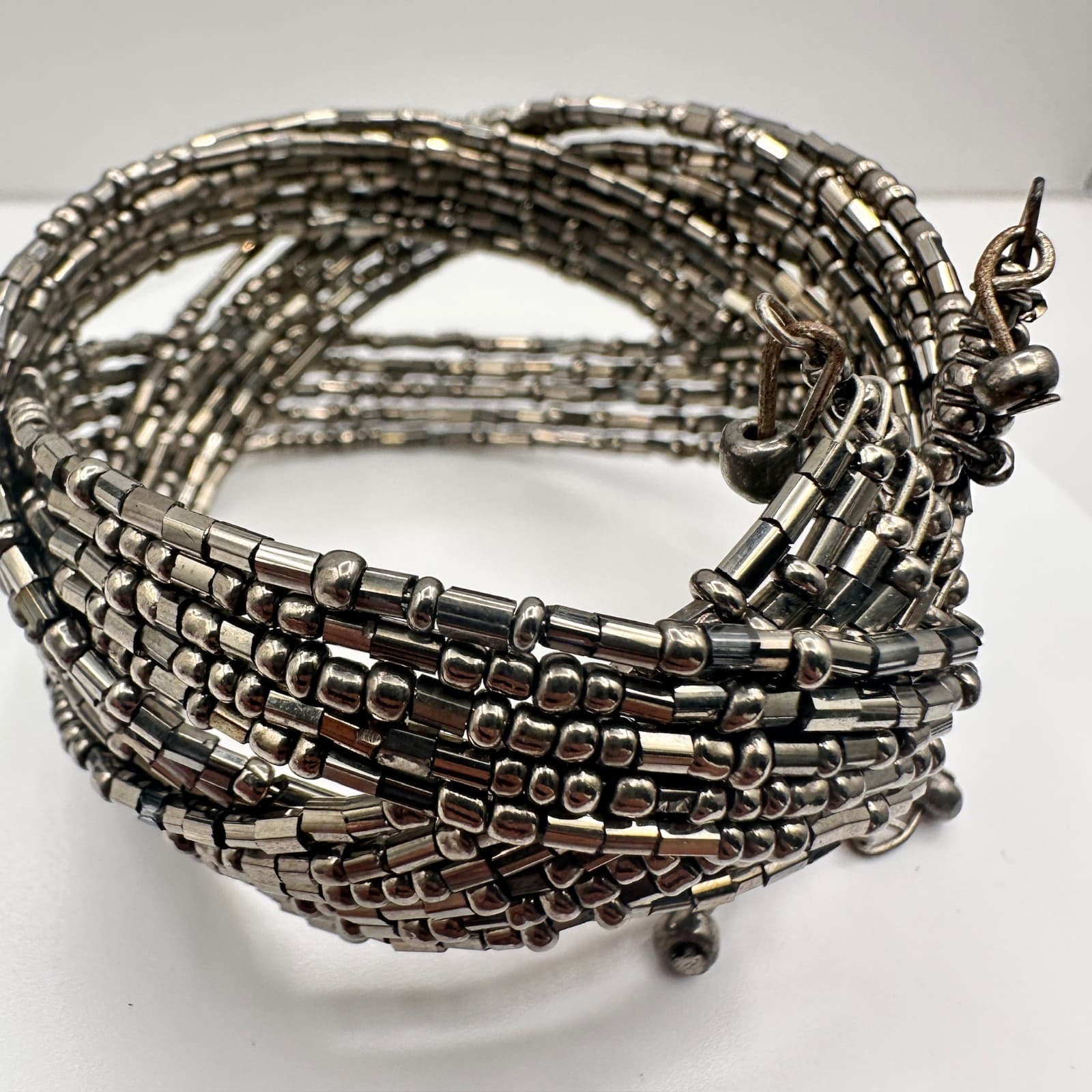 Vintage 90s Silver Tone Multi-Strand Beaded Wide Cuff Bracelet Women's Jewelry - Thumbnail 9