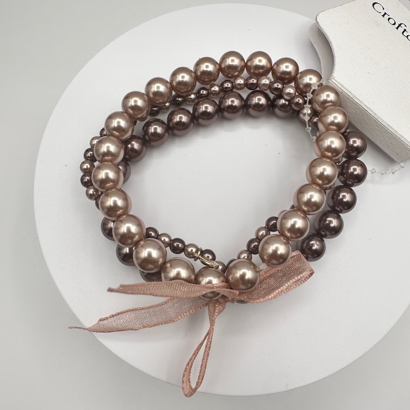 Vintage 90s Croft &Barrow Multi-Strand Bronze Tone Pearl Stretch Bracelet Ribbon - Thumbnail 2