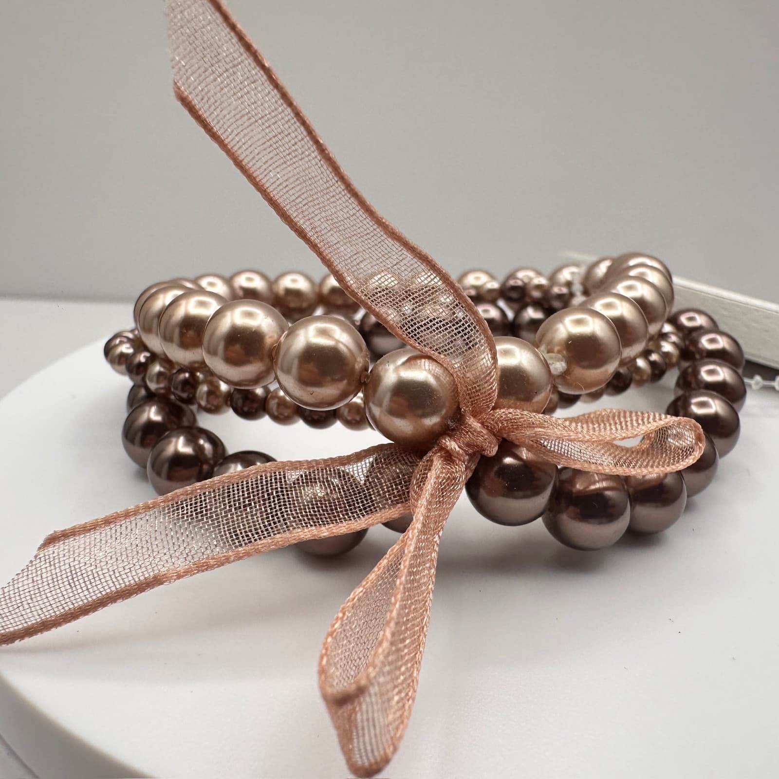 Vintage 90s Croft &Barrow Multi-Strand Bronze Tone Pearl Stretch Bracelet Ribbon - Thumbnail 4