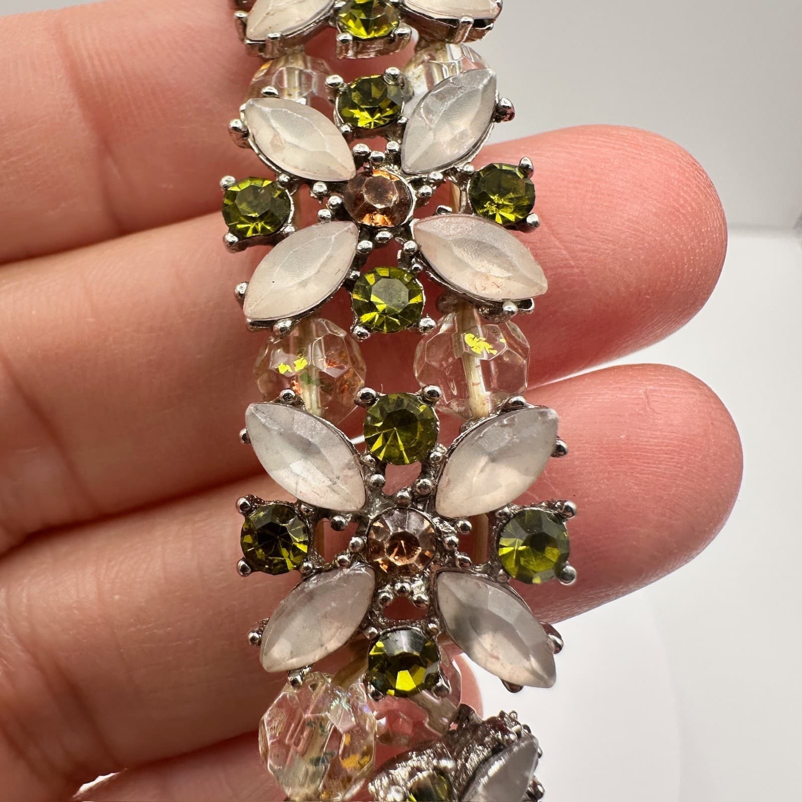Vintage 90s Silver Tone Floral Stretch Bracelet Multi-Color Glass Jewelry - Thumbnail 8