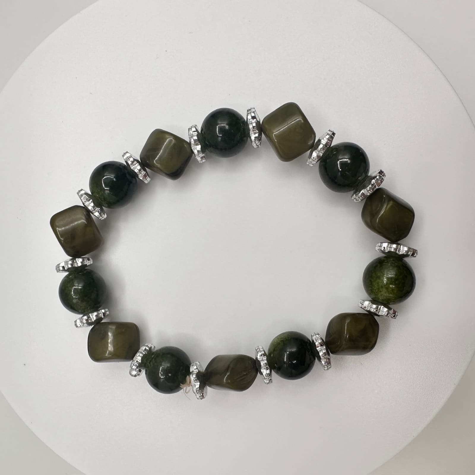 Vintage 90s Green Jade Stone Beaded Stretch Bracelet Silver Tone Boho Jewelry - Thumbnail 9