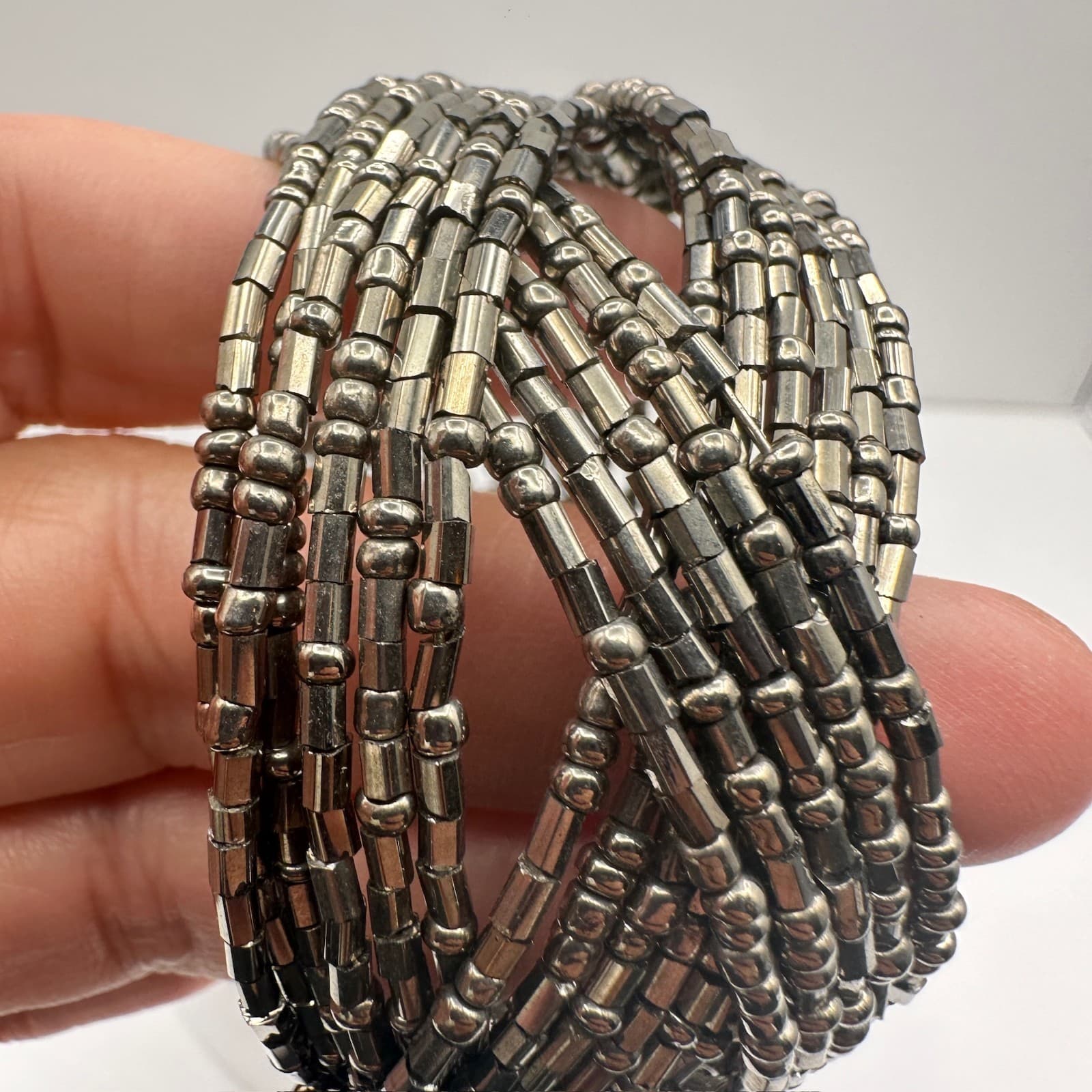 Vintage 90s Silver Tone Multi-Strand Beaded Wide Cuff Bracelet Women's Jewelry - Thumbnail 10