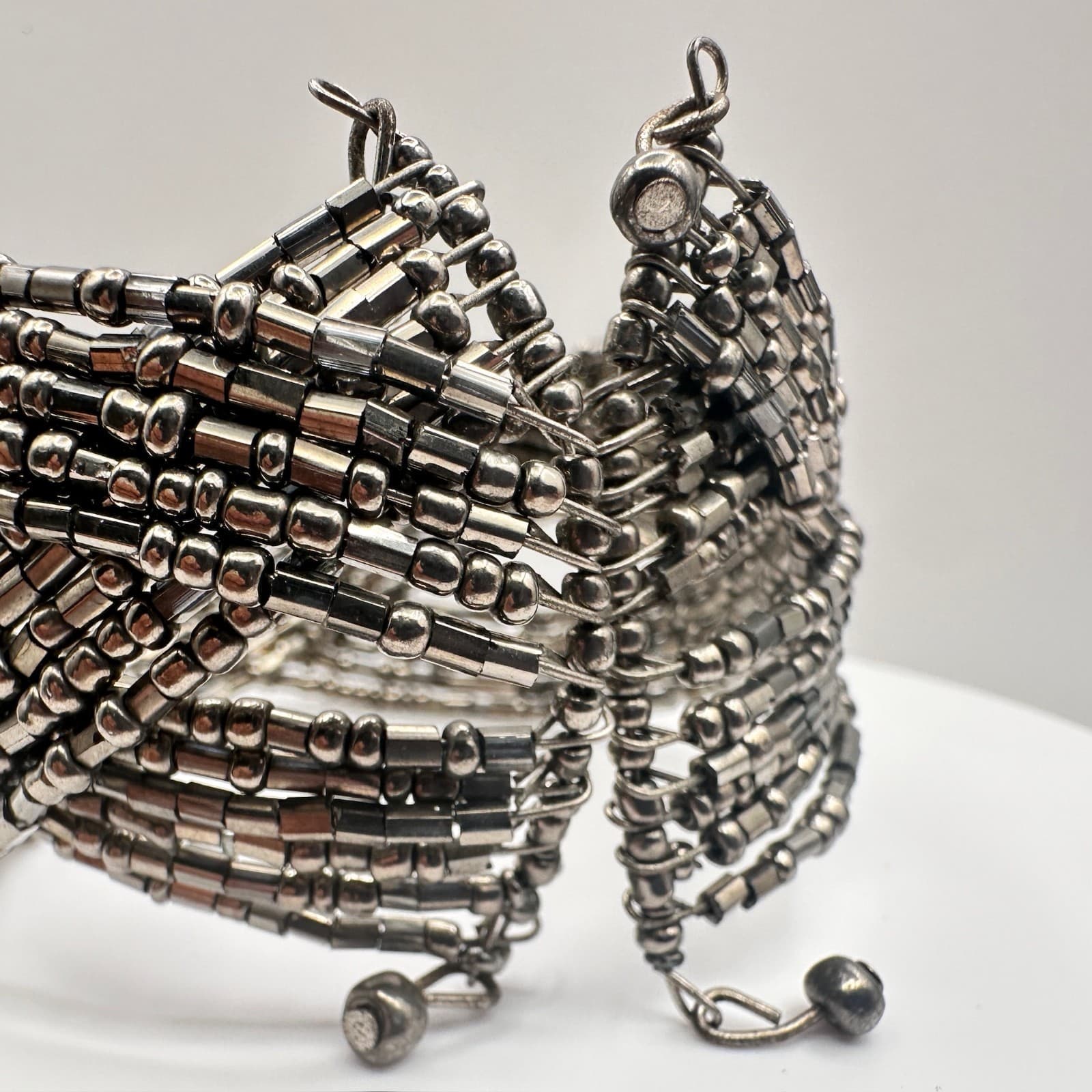 Vintage 90s Silver Tone Multi-Strand Beaded Wide Cuff Bracelet Women's Jewelry - Thumbnail 6