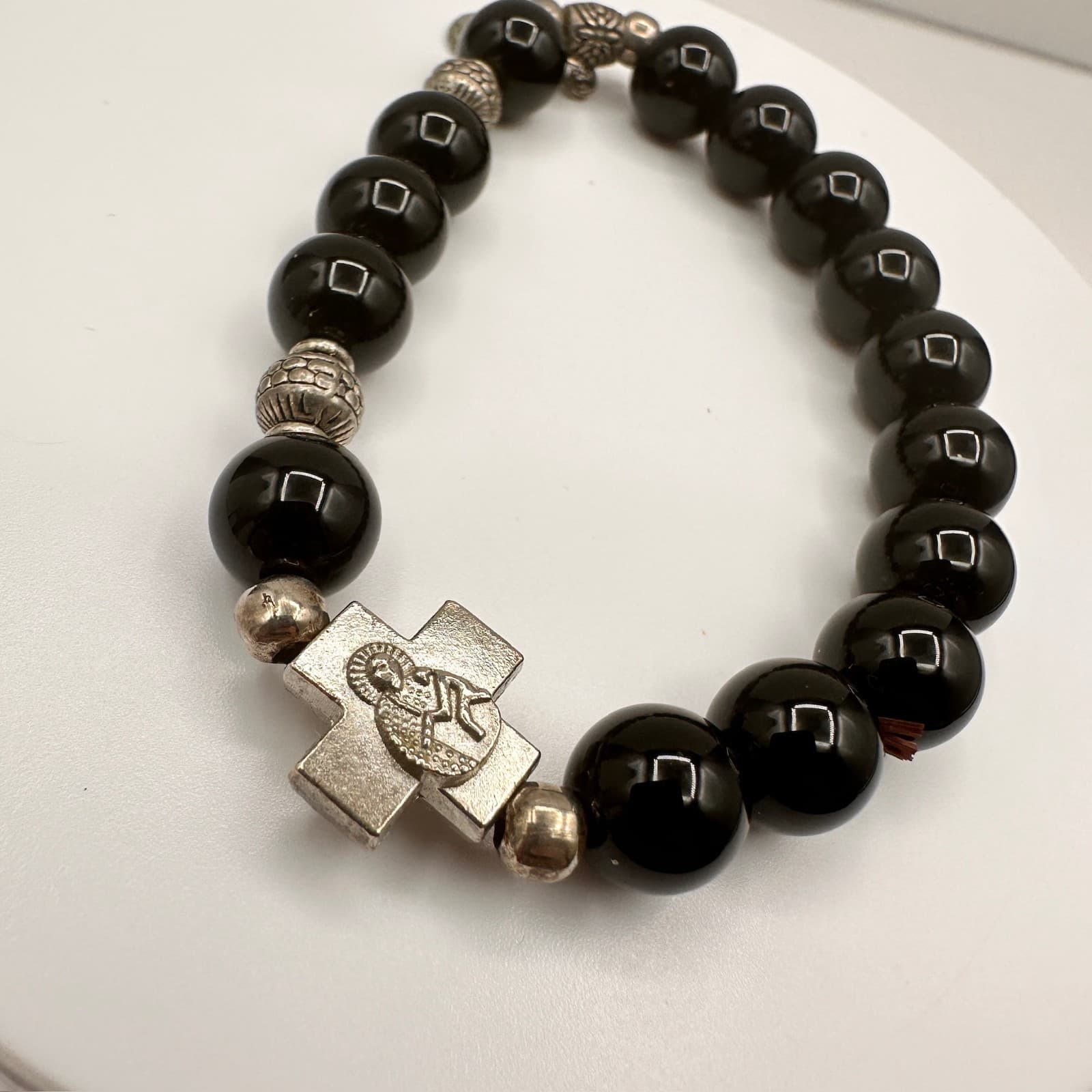 Vintage 90s St Benedict Black Onyx Bead Bracelet Catholic Religious Cross - Thumbnail 2