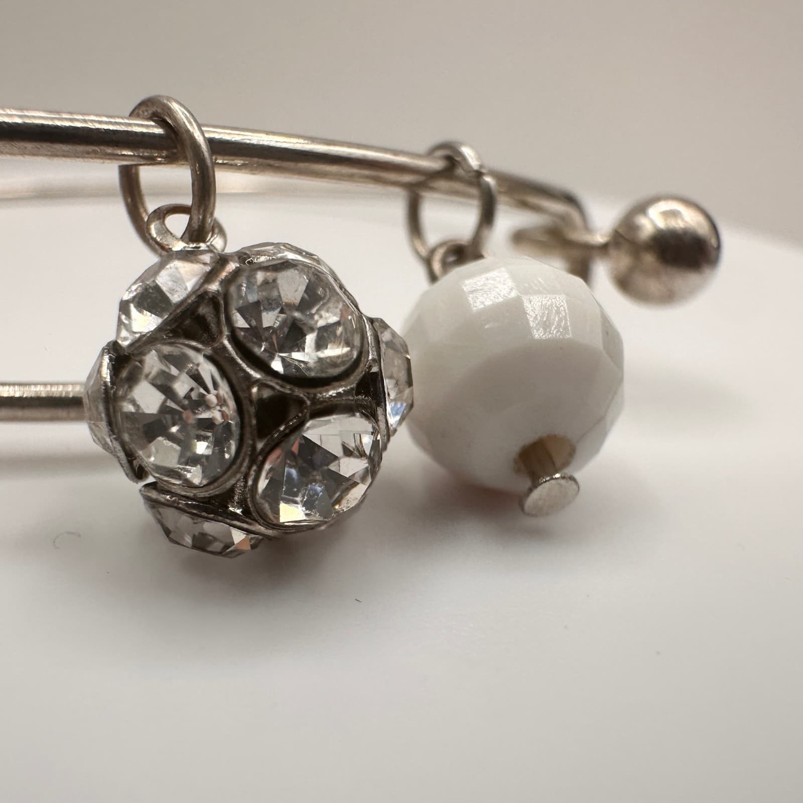 Vintage Y2K Silver Tone Expandable Bangle Rhinestone Ball White Bead Charms - Thumbnail 6