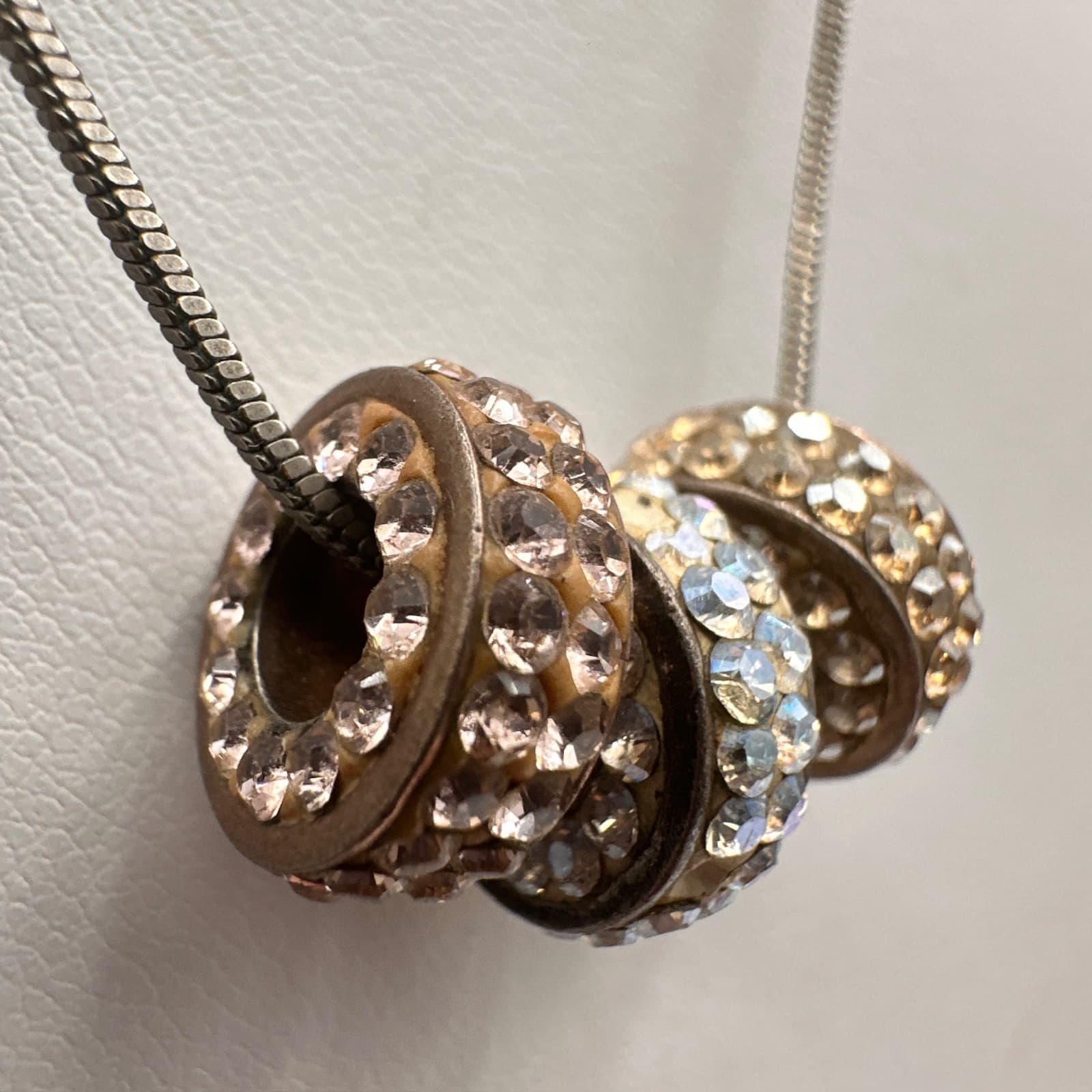 Vintage Y2K Rhinestone Slide Roller Charm Necklace Silver Tone Snake Chain - Thumbnail 4