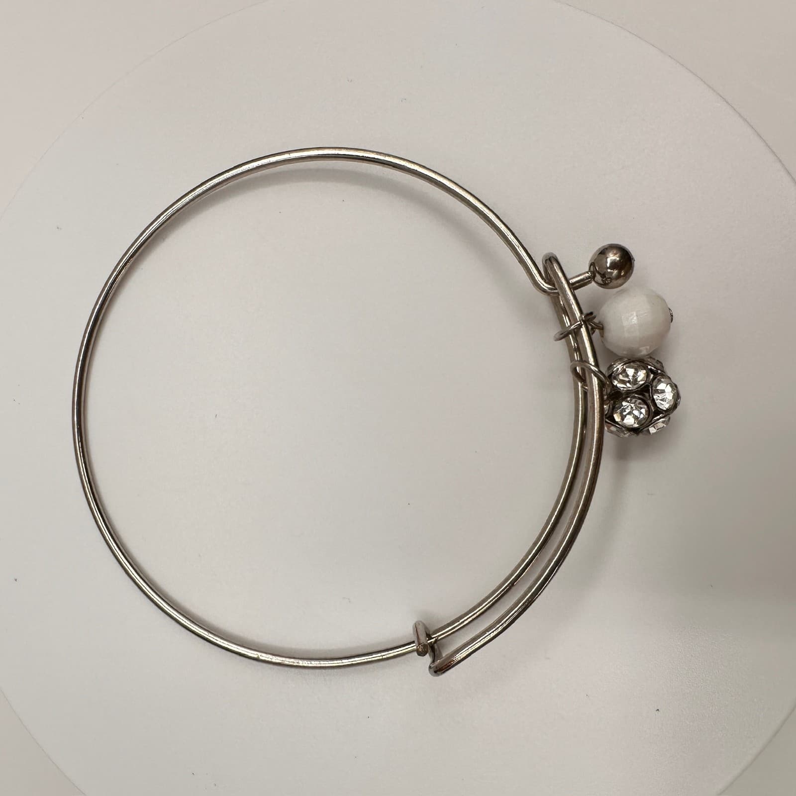 Vintage Y2K Silver Tone Expandable Bangle Rhinestone Ball White Bead Charms - Thumbnail 9