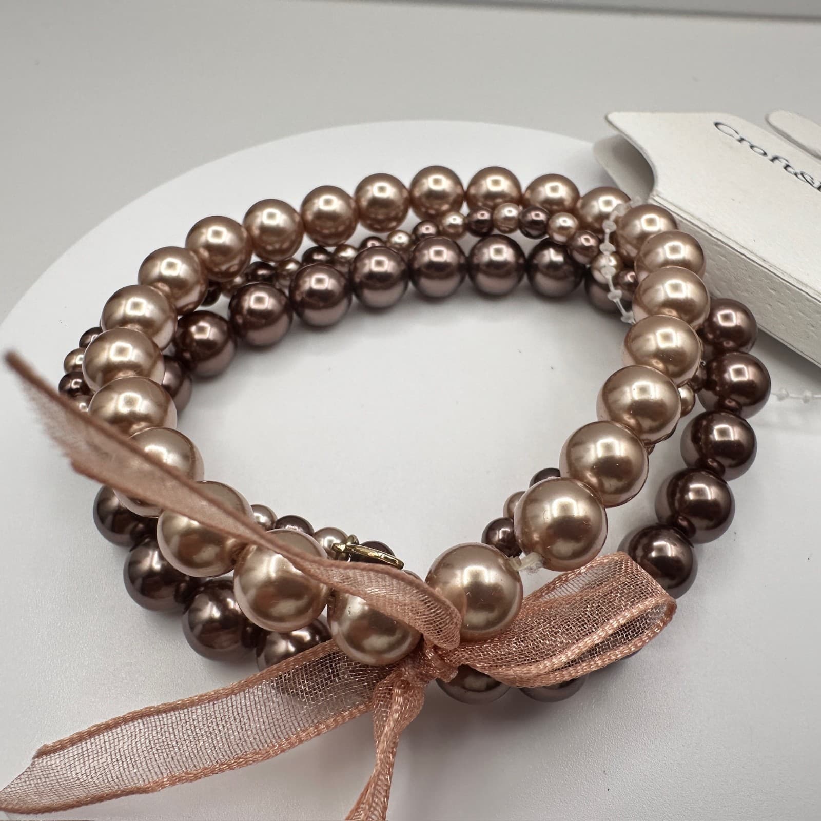 Vintage 90s Croft &Barrow Multi-Strand Bronze Tone Pearl Stretch Bracelet Ribbon - Thumbnail 10