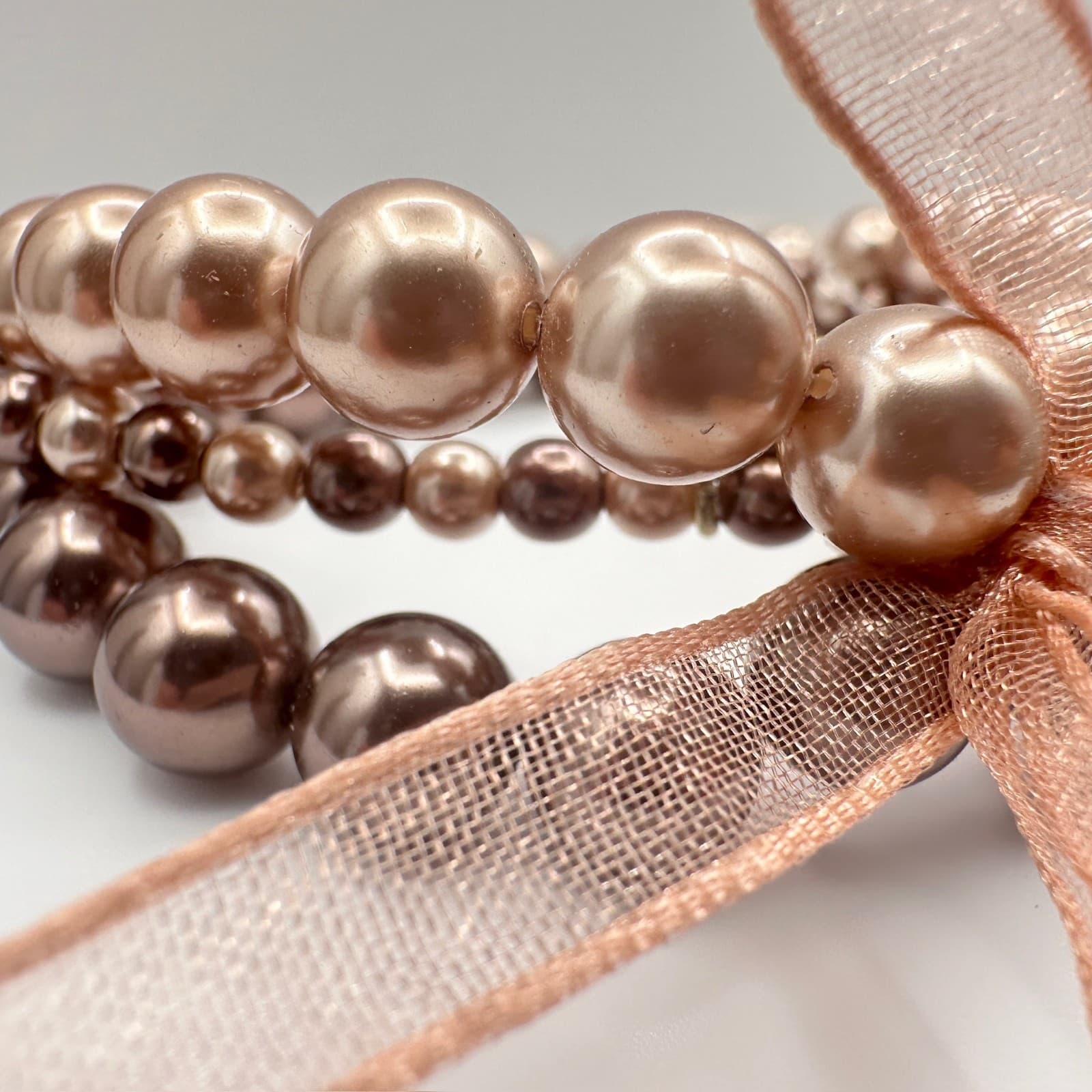 Vintage 90s Croft &Barrow Multi-Strand Bronze Tone Pearl Stretch Bracelet Ribbon - Thumbnail 5