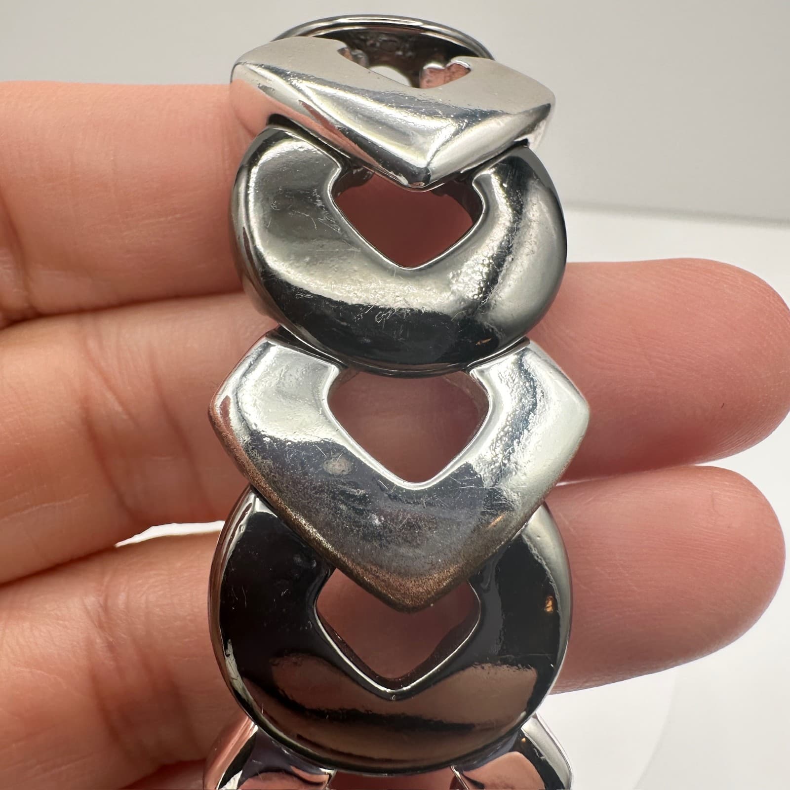 Vintage 90s Two Tone Silver Gunmetal Curb Link Stretch Bracelet Women's Jewelry - Thumbnail 10