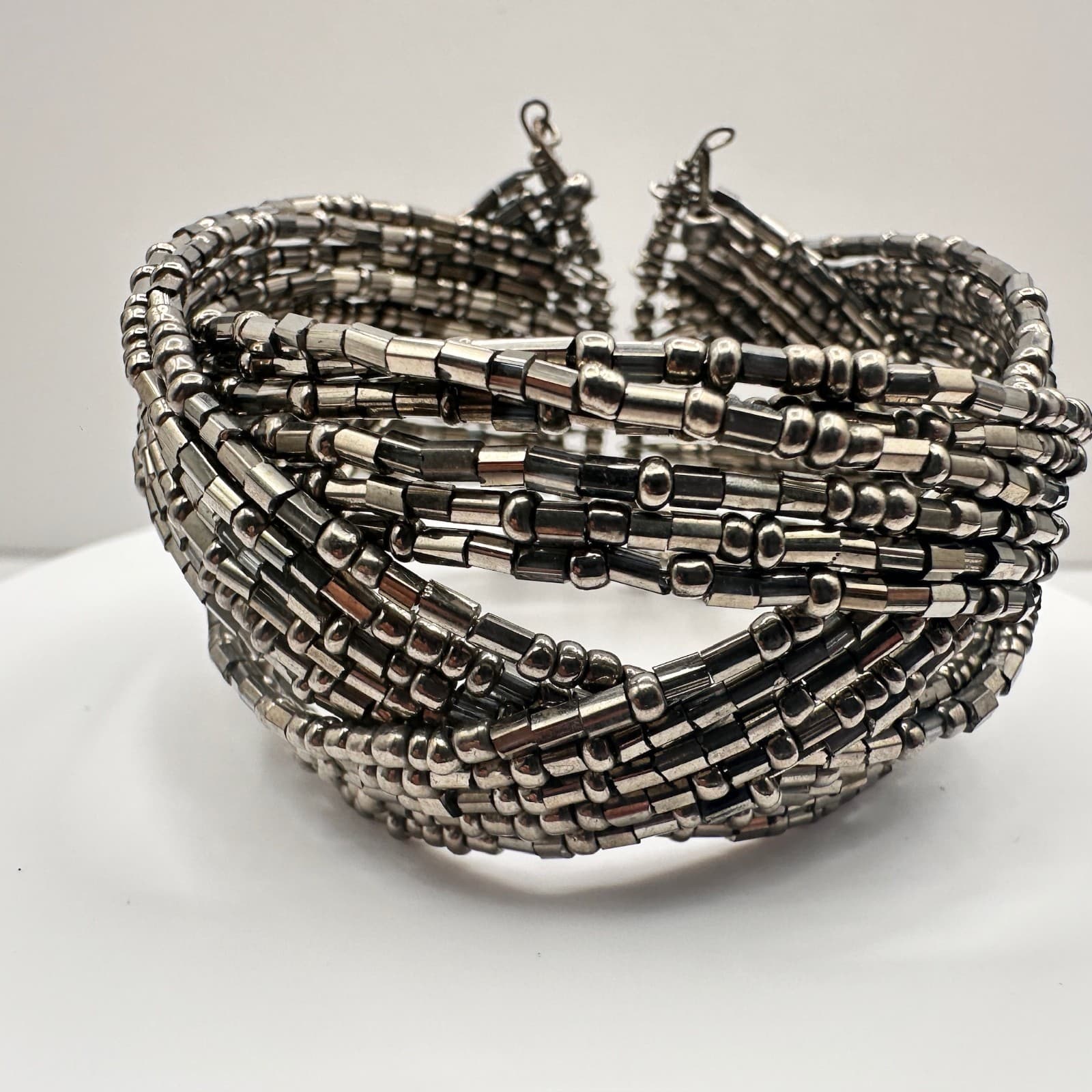 Vintage 90s Silver Tone Multi-Strand Beaded Wide Cuff Bracelet Women's Jewelry - Thumbnail 2