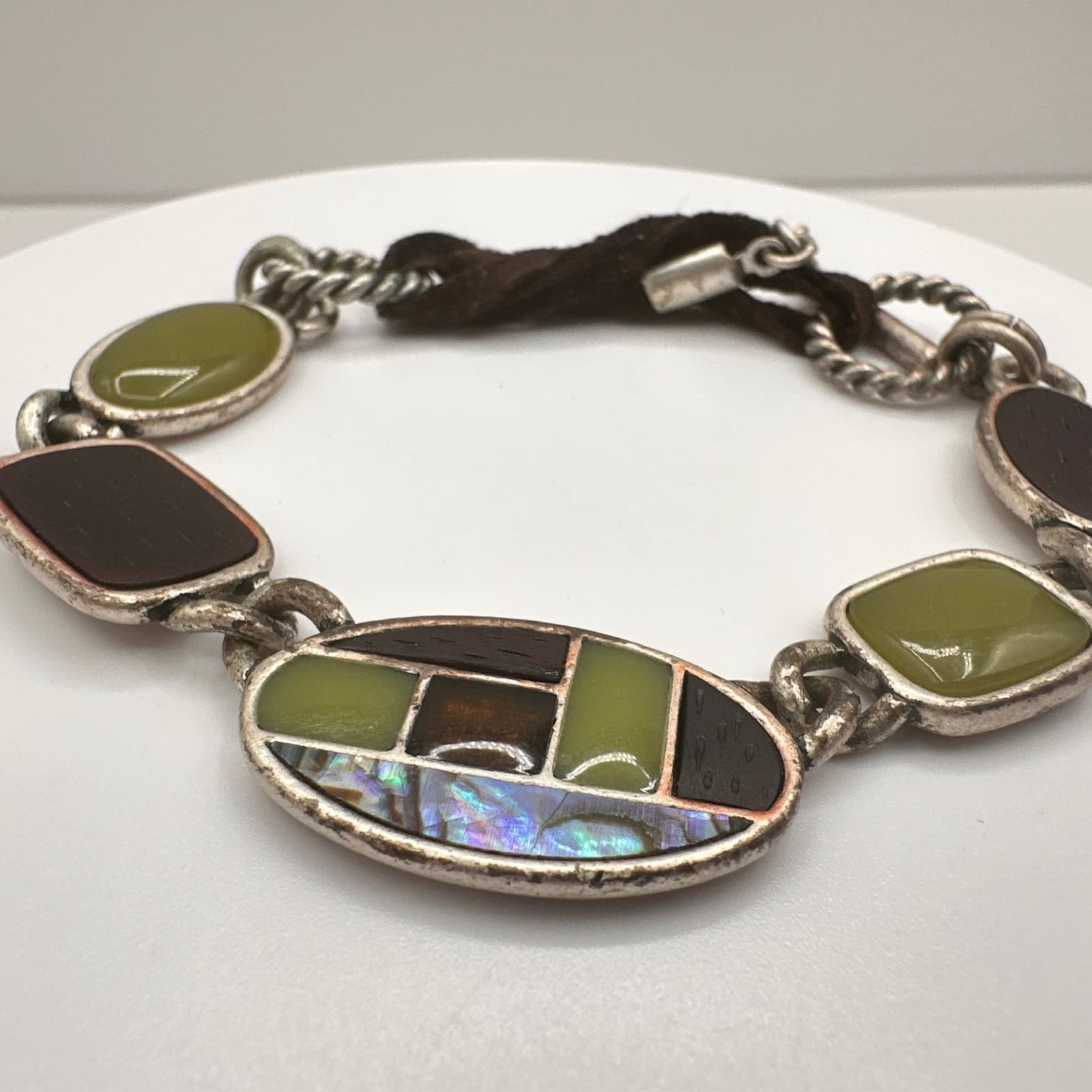 Vintage Y2K Abalone Shell Inlay Bracelet Green Cabochon Stone Silver Tone Toggle - Thumbnail 8
