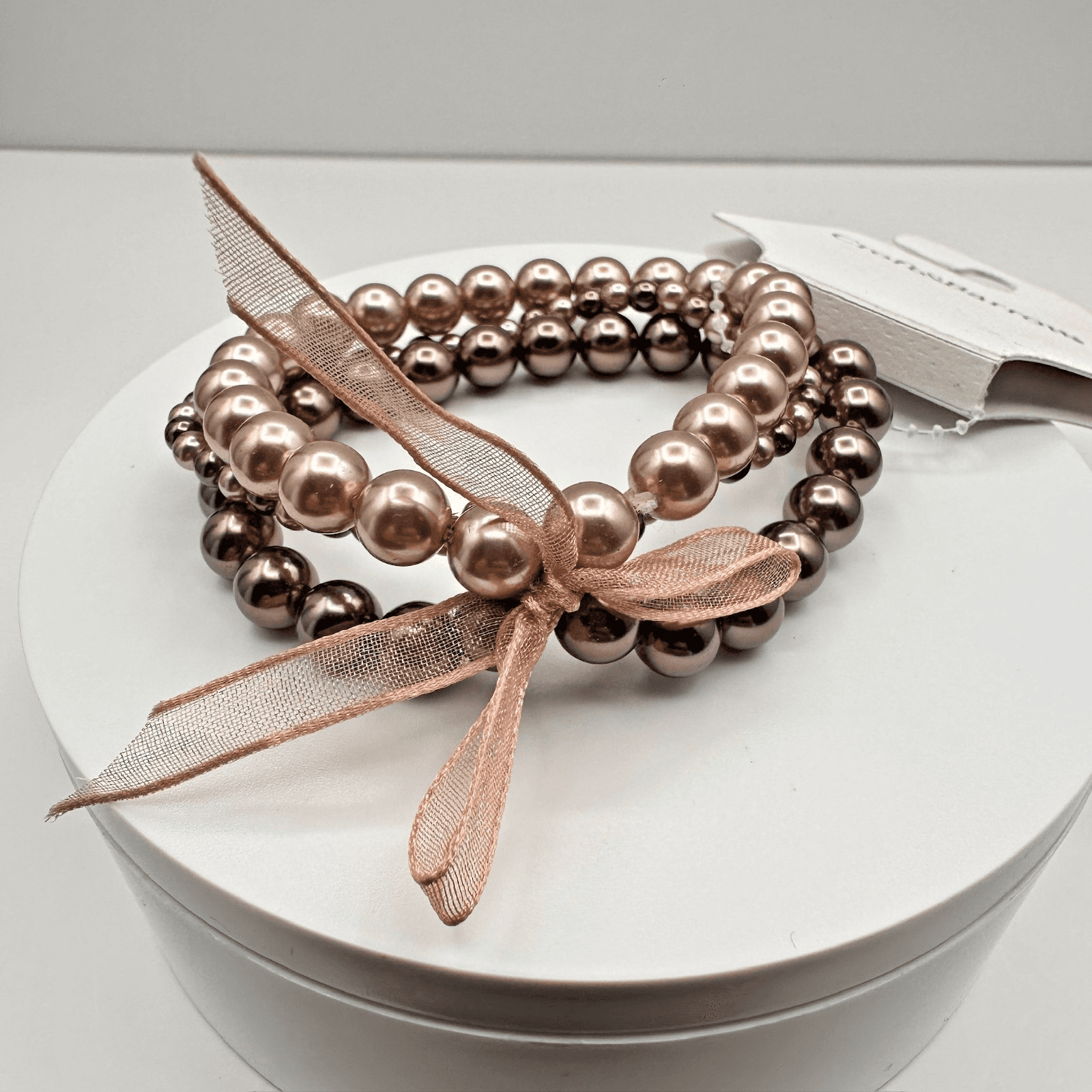 Vintage 90s Croft &Barrow Multi-Strand Bronze Tone Pearl Stretch Bracelet Ribbon - Image 1