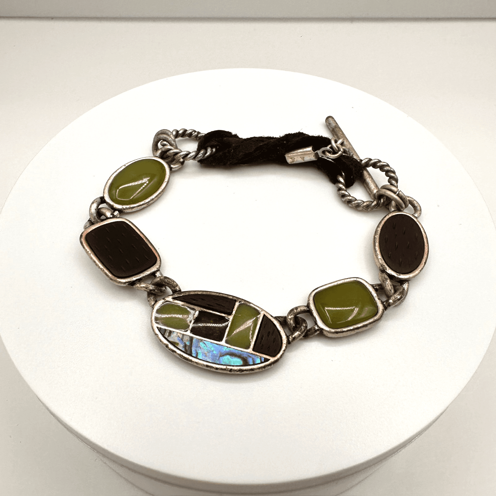 Vintage Y2K Abalone Shell Inlay Bracelet Green Cabochon Stone Silver Tone Toggle - Thumbnail 2