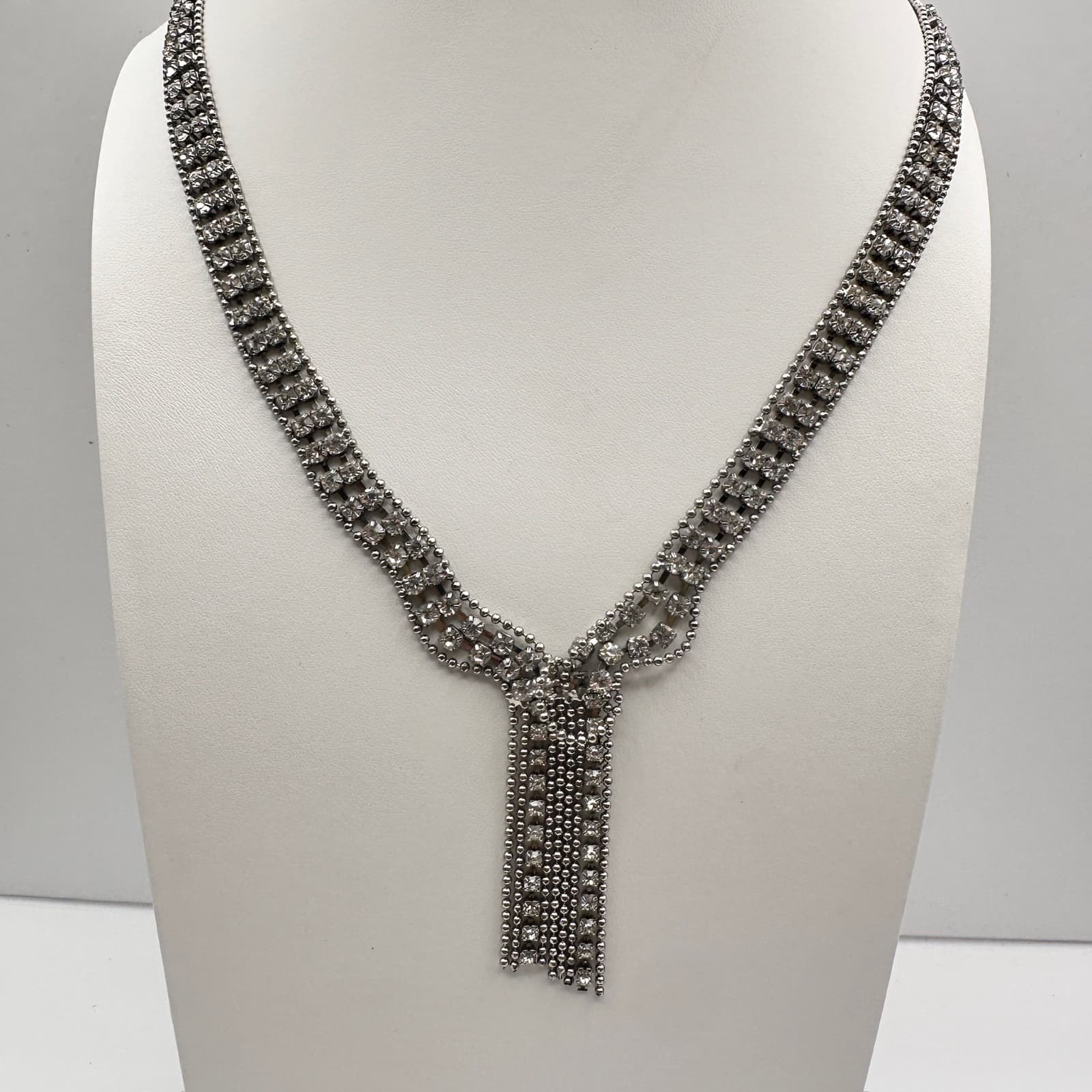 Vintage Rhinestone Statement Necklace Silver Tone Tassel Drop Fashion Jewelry - Image 1