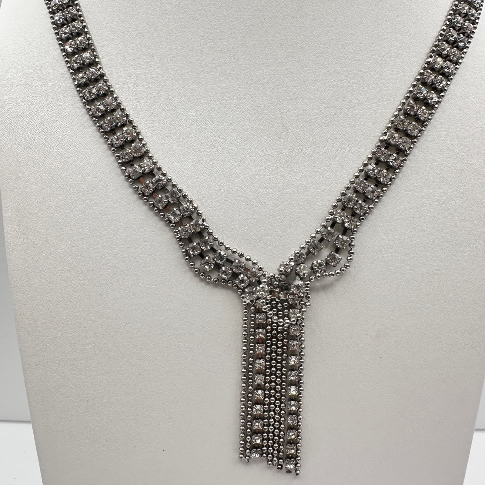 Vintage Rhinestone Statement Necklace Silver Tone Tassel Drop Fashion Jewelry - Thumbnail 11