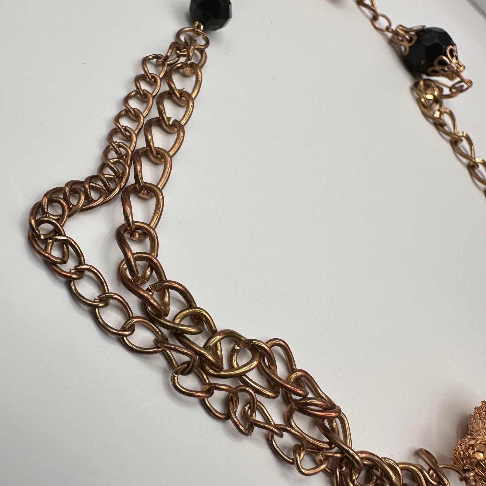 Vintage Black Bead Long Necklace Layered Chain Mesh Pendant Gold Tone Jewelry - Thumbnail 2