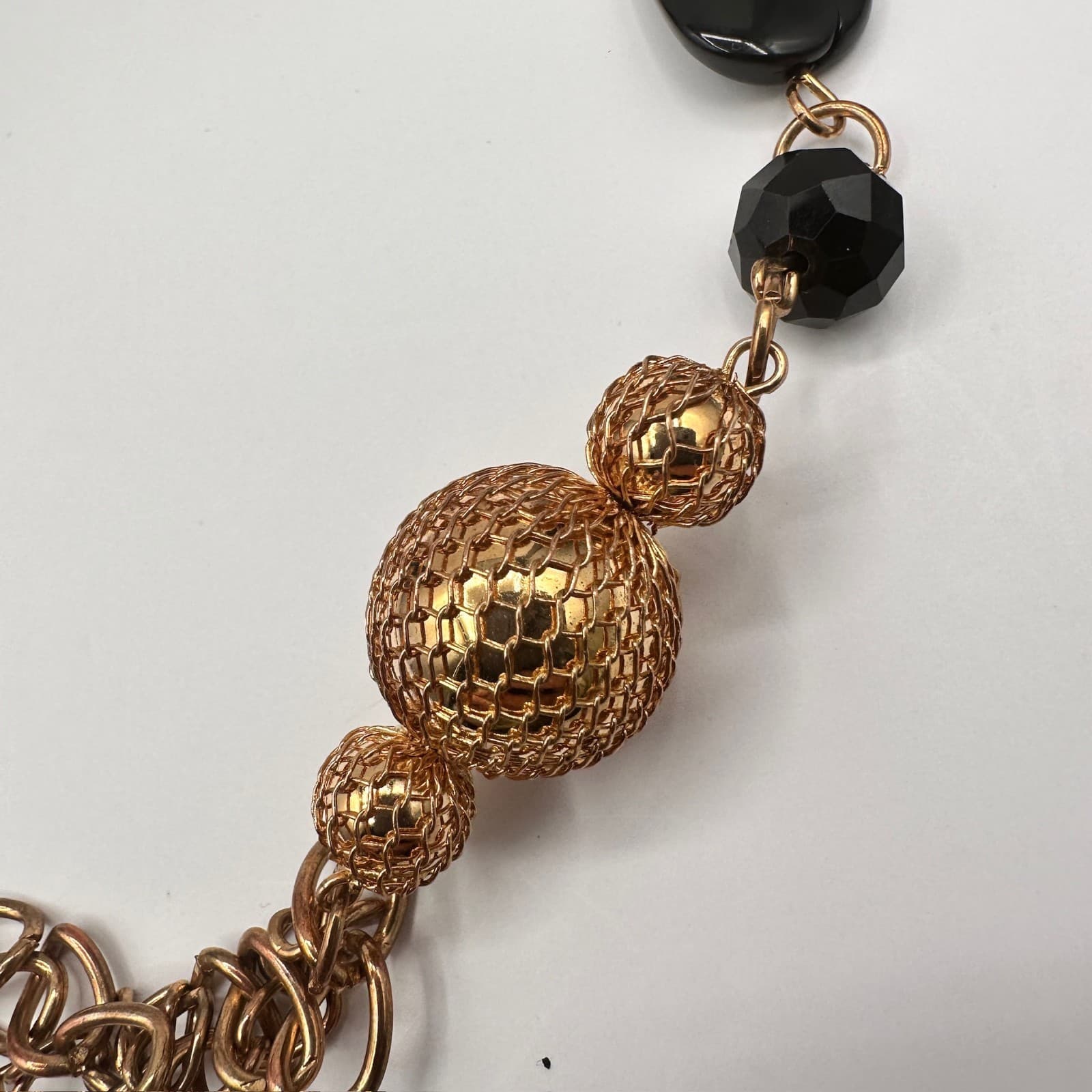 Vintage Black Bead Long Necklace Layered Chain Mesh Pendant Gold Tone Jewelry - Thumbnail 3