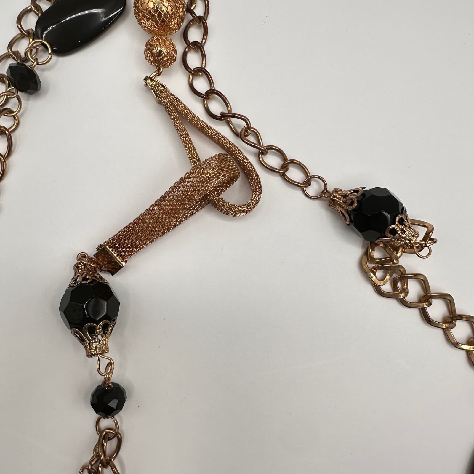 Vintage Black Bead Long Necklace Layered Chain Mesh Pendant Gold Tone Jewelry - Thumbnail 4