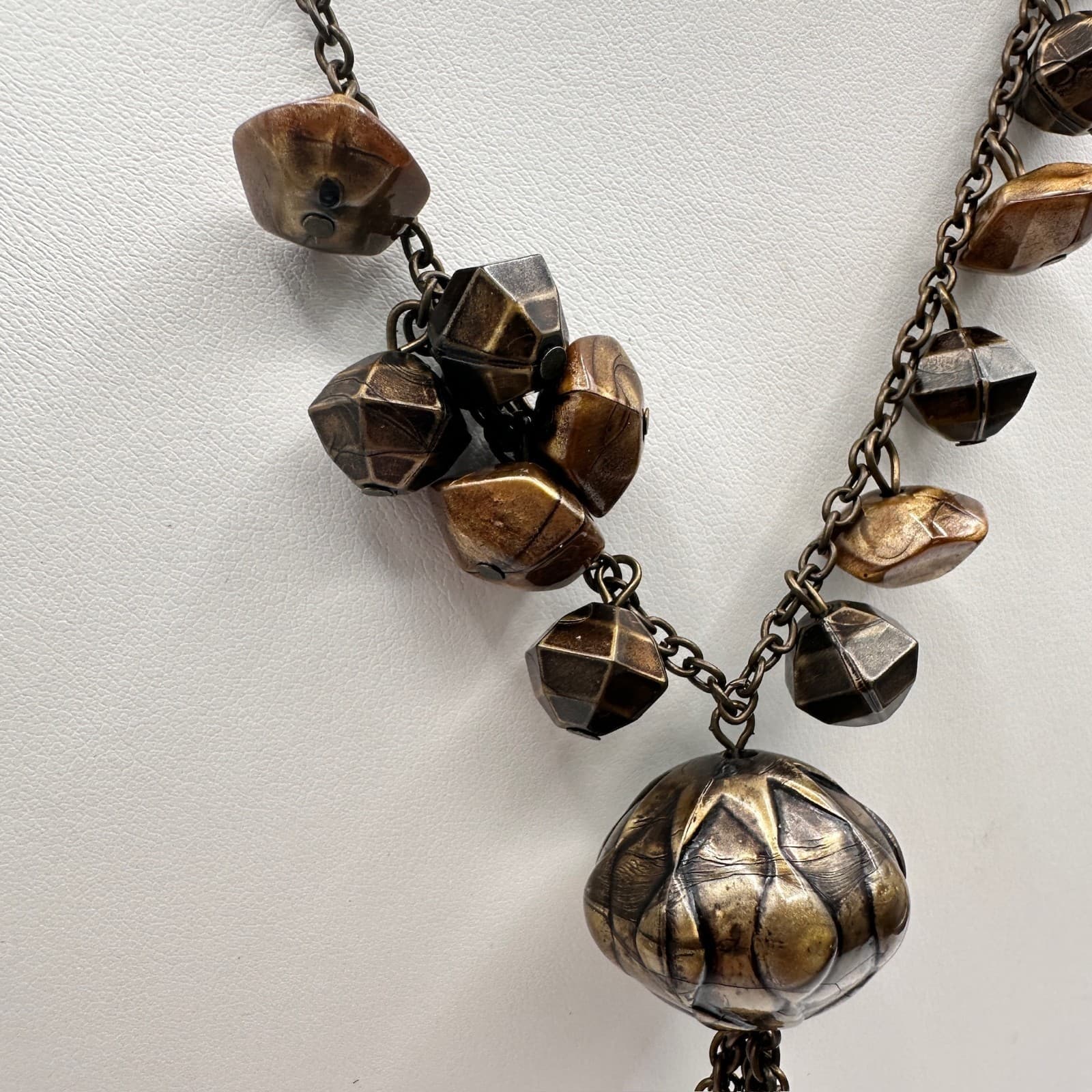 Vintage 80s Boho Statement Necklace Brown Beaded Pendant Chain Tassel Jewelry - Thumbnail 3