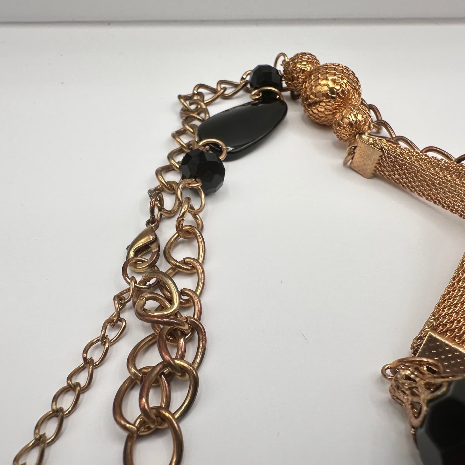 Vintage Black Bead Long Necklace Layered Chain Mesh Pendant Gold Tone Jewelry - Thumbnail 7